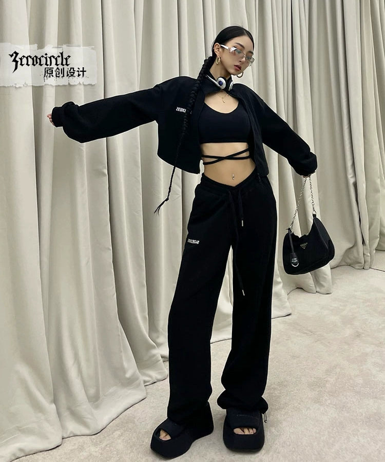 野生zerocircle灰色卫衣套装女春秋短款外套显瘦运动宽松休闲裤子