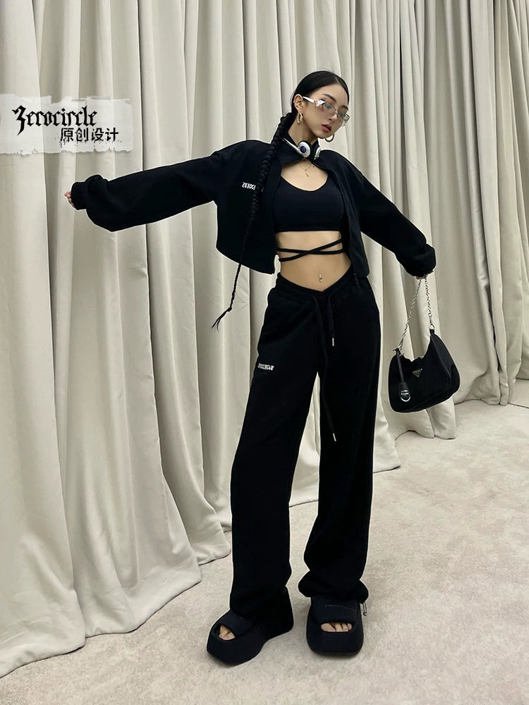 野生zerocircle灰色卫衣套装女春秋短款外套显瘦运动宽松休闲裤子