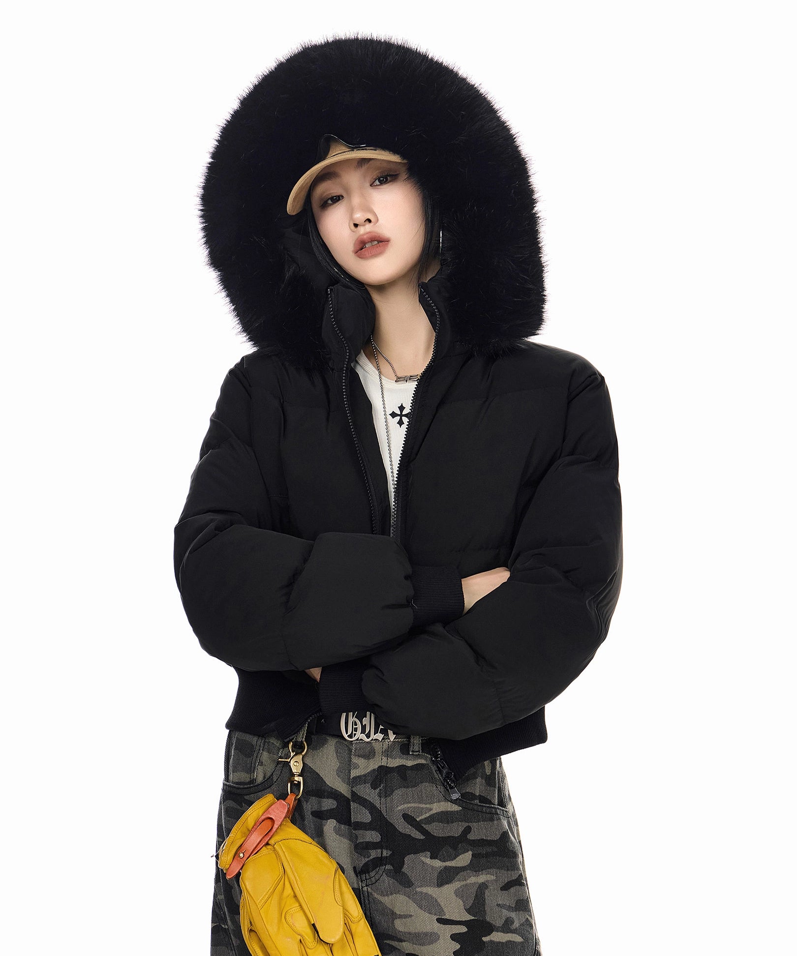 ICH MODE 美式复古大毛领短款棉服女秋冬季连帽开衫棉袄修身外套