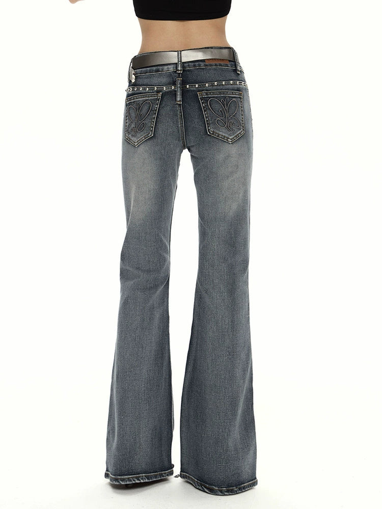 野生zero复古水洗微喇牛仔裤女春秋季辣妹修身显瘦小众设计感裤子