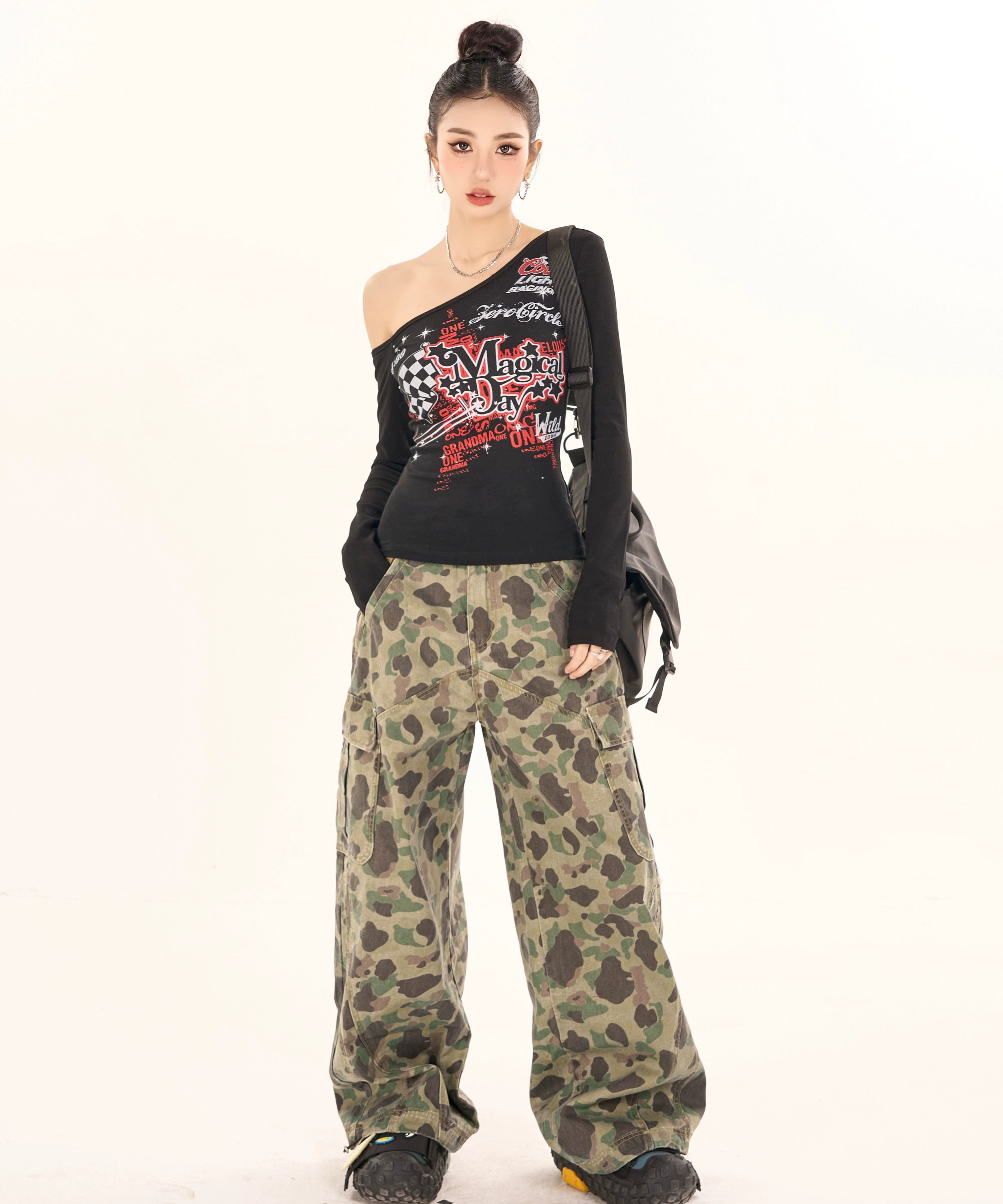 野生zerocircle迷彩工装裤女春夏设计感宽松显瘦直筒阔腿休闲裤子
