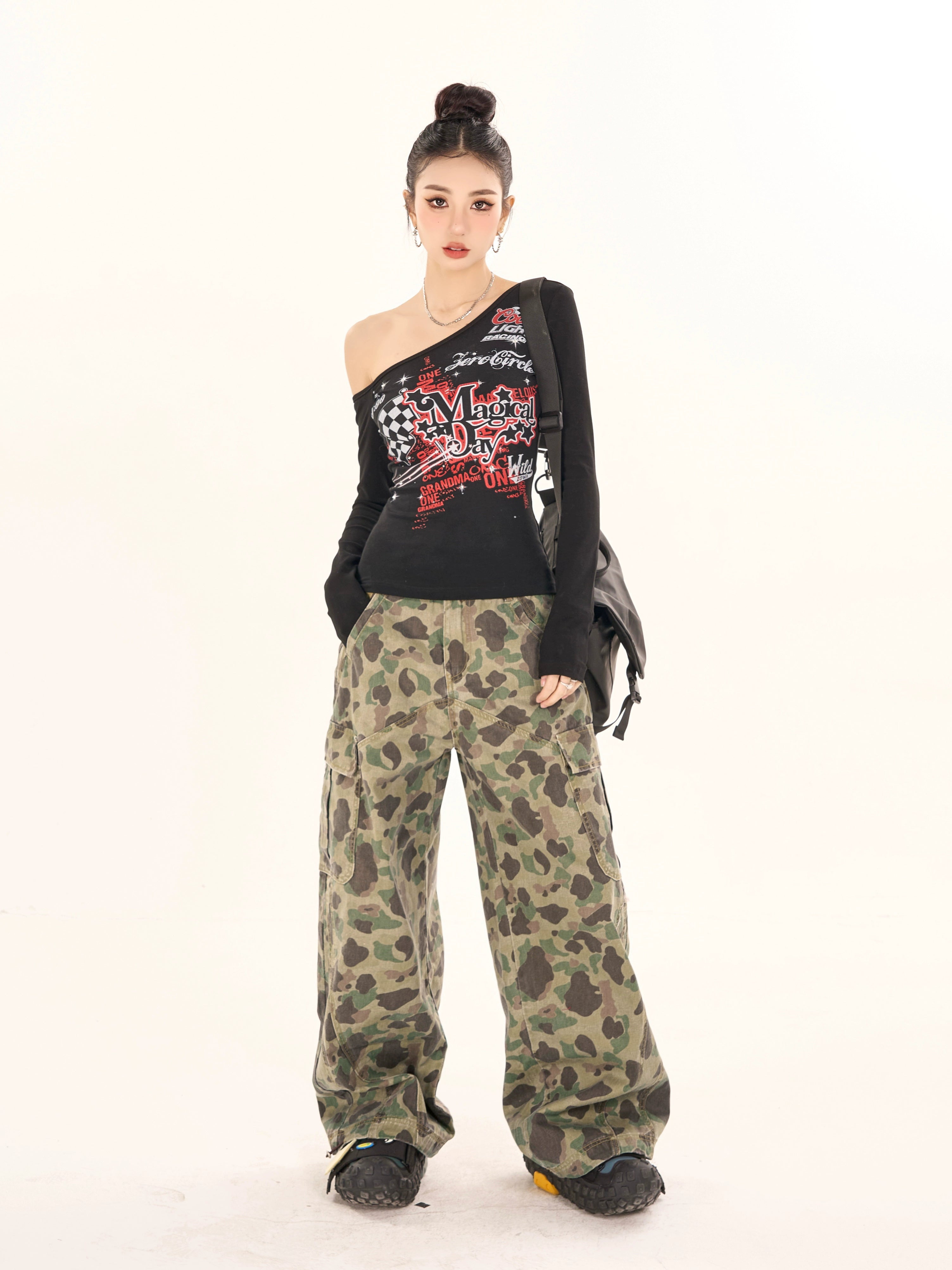 野生zerocircle迷彩工装裤女春夏设计感宽松显瘦直筒阔腿休闲裤子