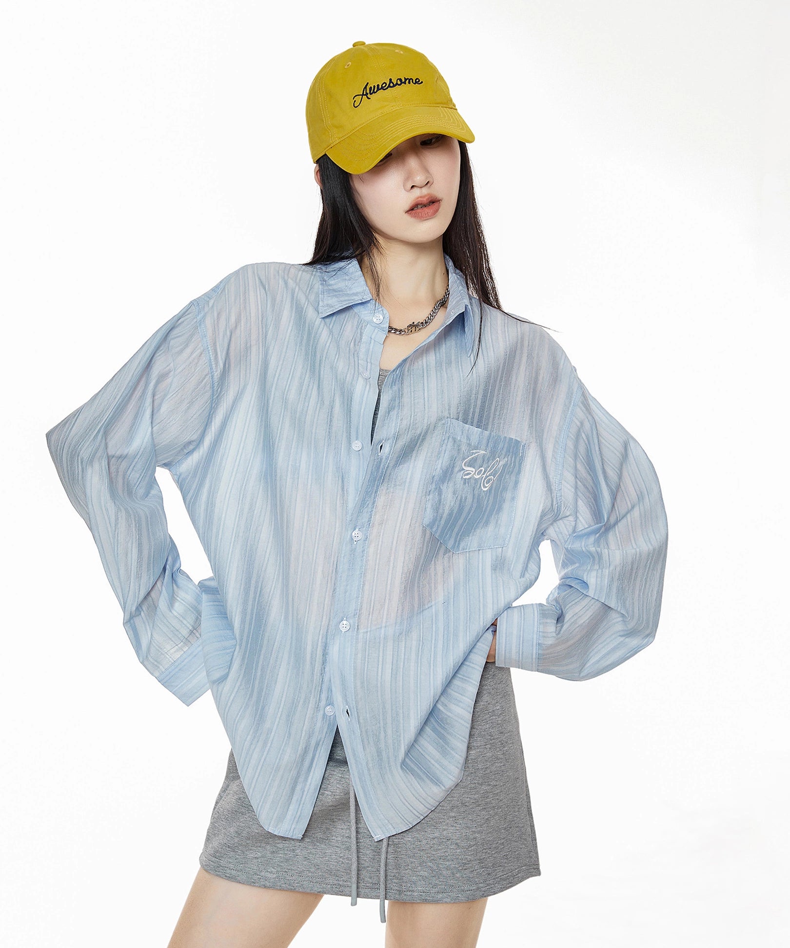 ICH MODE 美式复古刺绣长袖衬衫女夏轻薄物理防晒莱赛尔衬衣外套