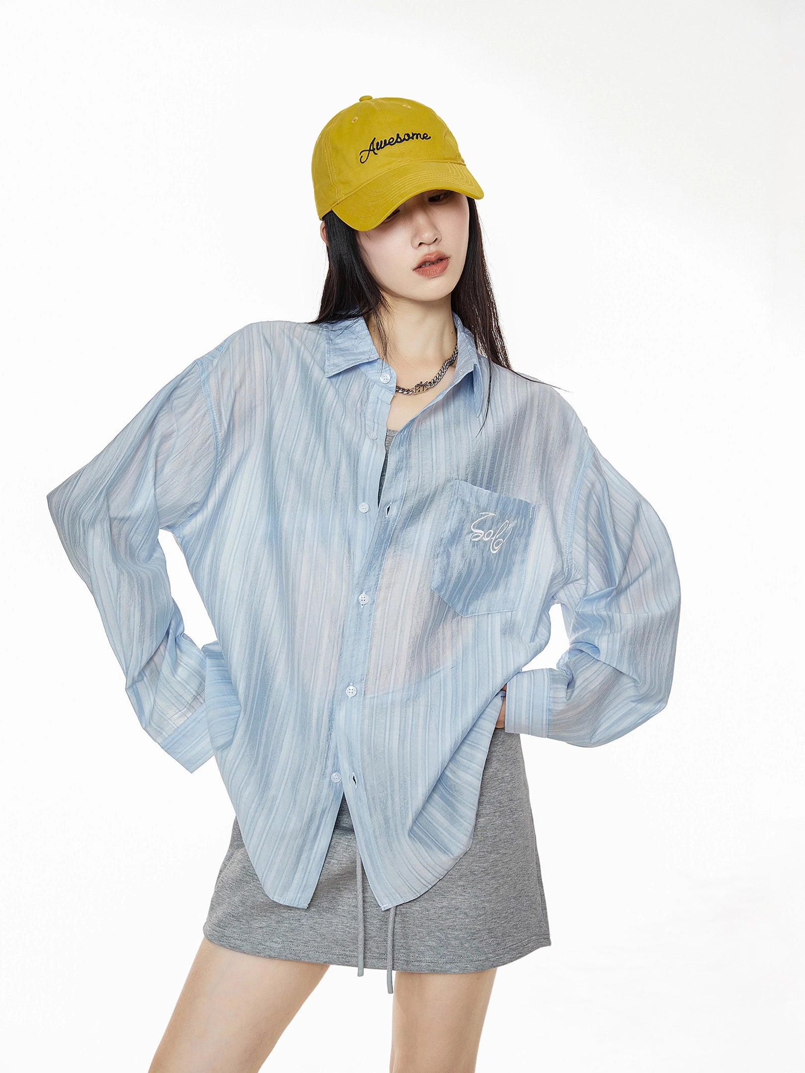 ICH MODE 美式复古刺绣长袖衬衫女夏轻薄物理防晒莱赛尔衬衣外套