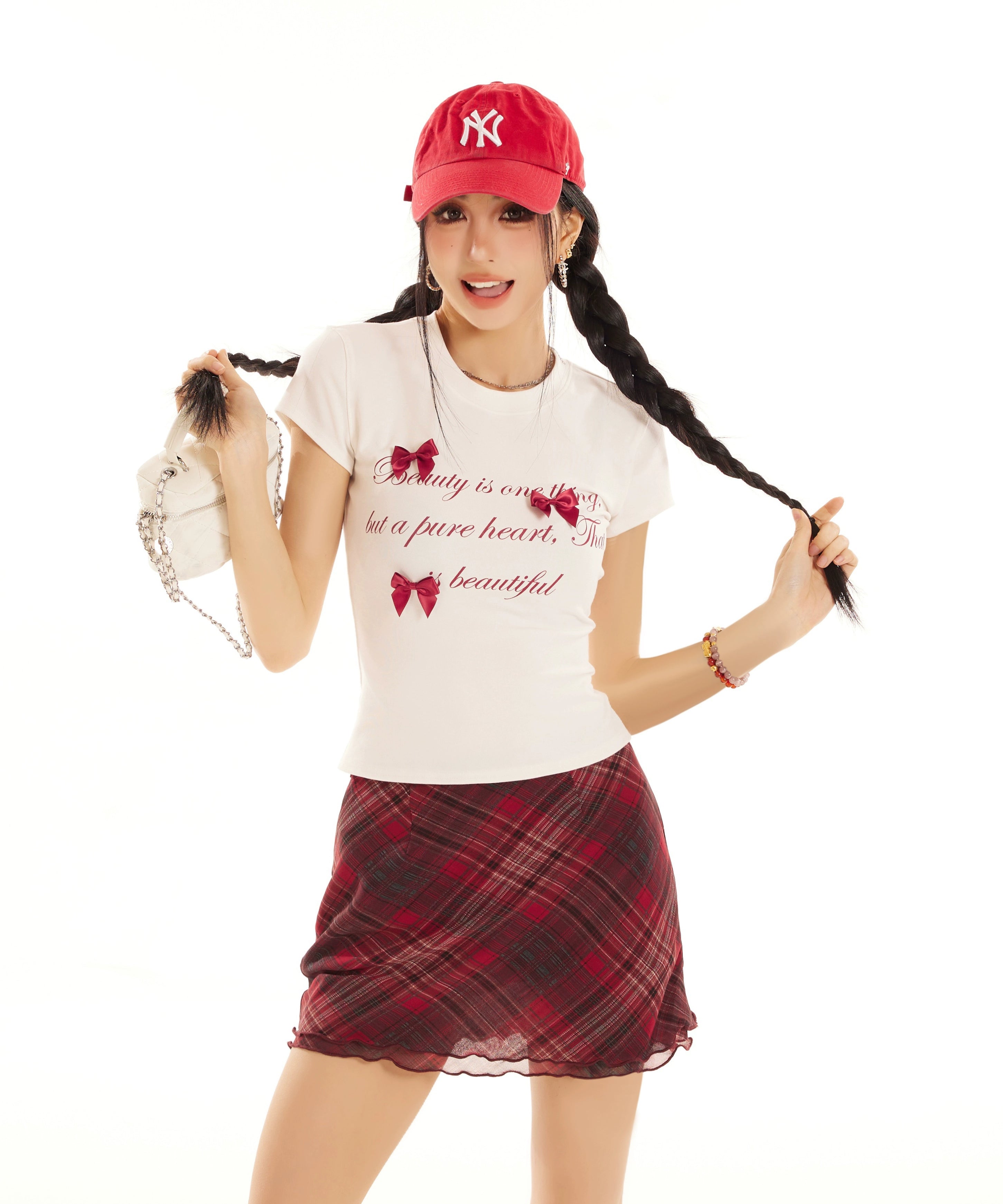 野生zero 白灰色正肩短袖t恤女夏季修身显瘦印花蝴蝶结甜辣小上衣