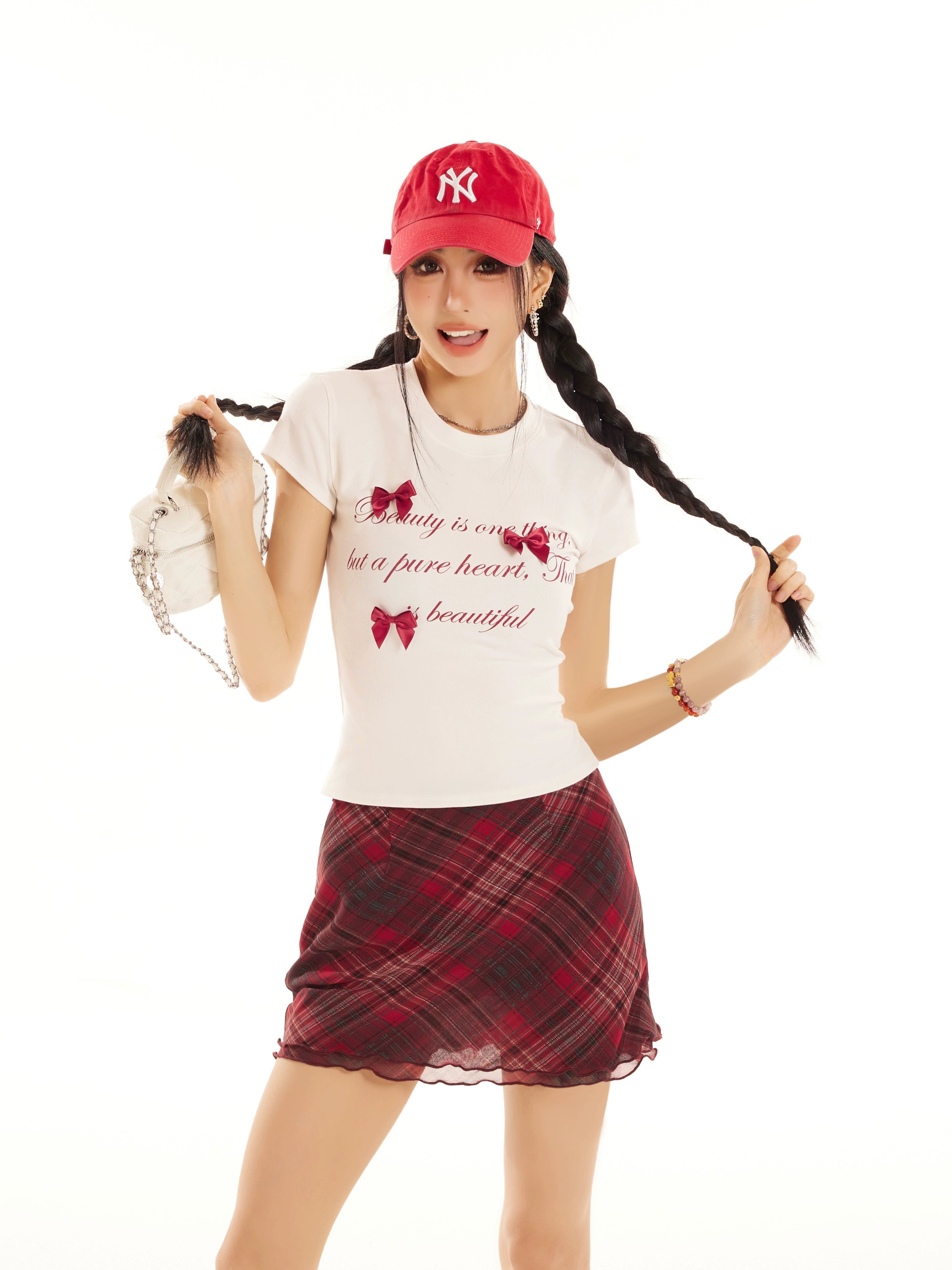 野生zero 白灰色正肩短袖t恤女夏季修身显瘦印花蝴蝶结甜辣小上衣