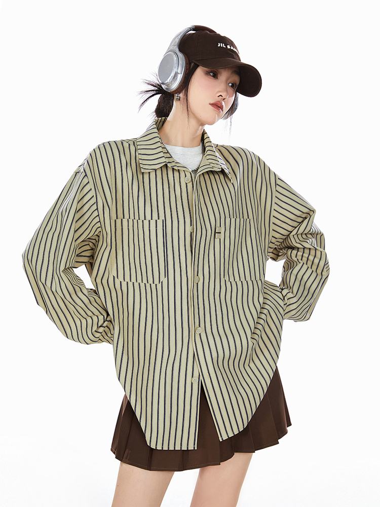 ICH MODE 美式复古条纹衬衫女夏季新款宽松慵懒蓝色衬衣外套上衣