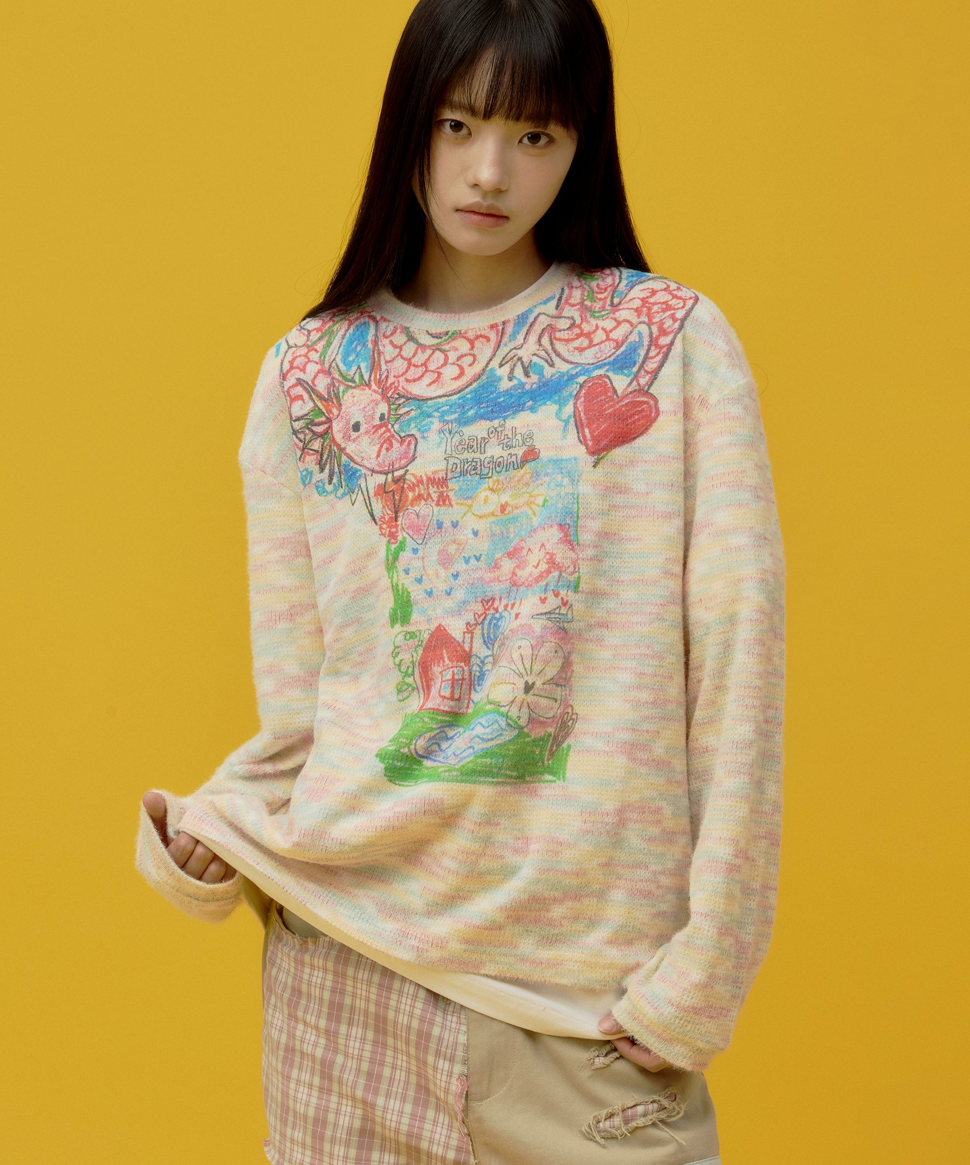 eeeeArtmonster“过肩龙”彩虹色长袖T恤打底上衣圆领套头针织衫