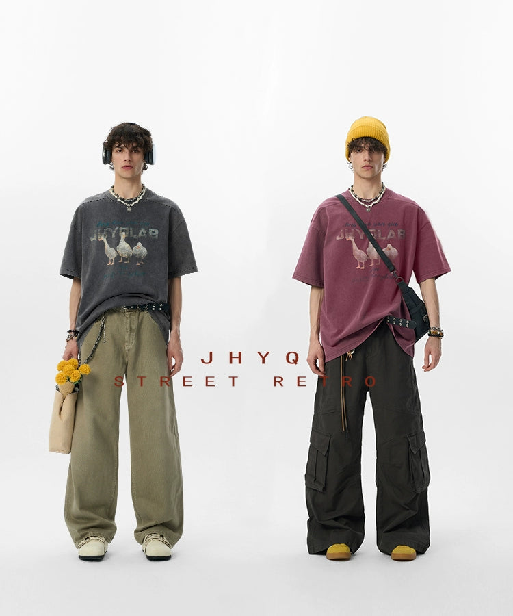 【2025好运鸭】JHYQ美式水洗做旧圆领短袖t恤男宽松重磅印花纯棉T