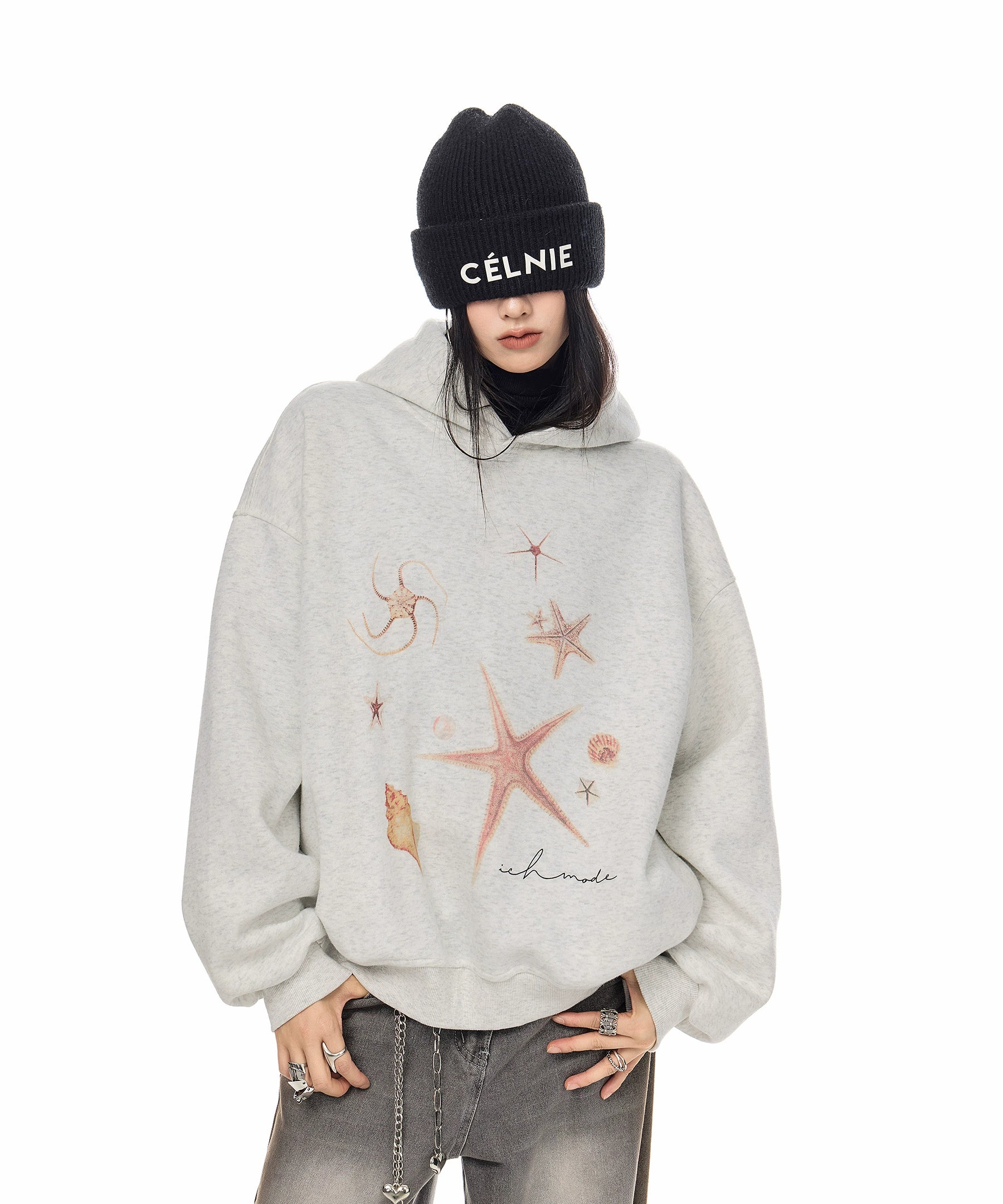 ICH MODE 美式复古海星连帽卫衣女秋冬新款重磅帽衫宽松运动上衣