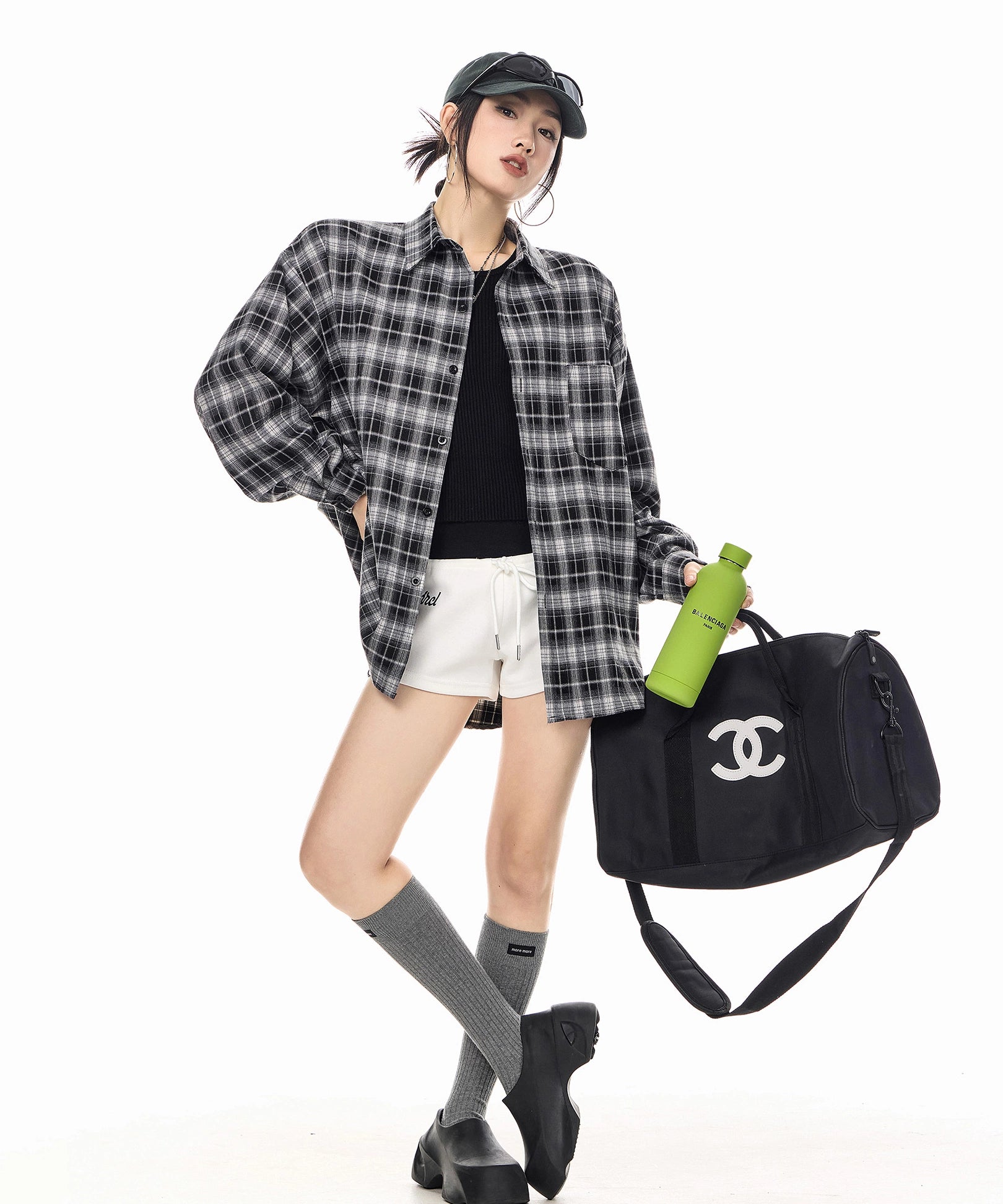 ICH MODE 美式复古休闲格子衬衫女2025新款宽松衬衣外套翻领上衣