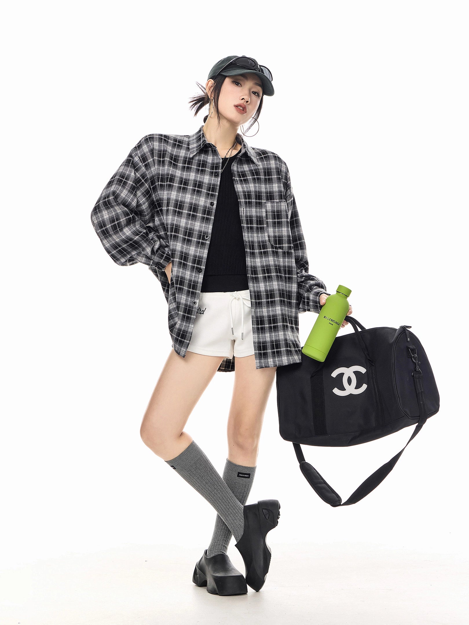 ICH MODE 美式复古休闲格子衬衫女2025新款宽松衬衣外套翻领上衣