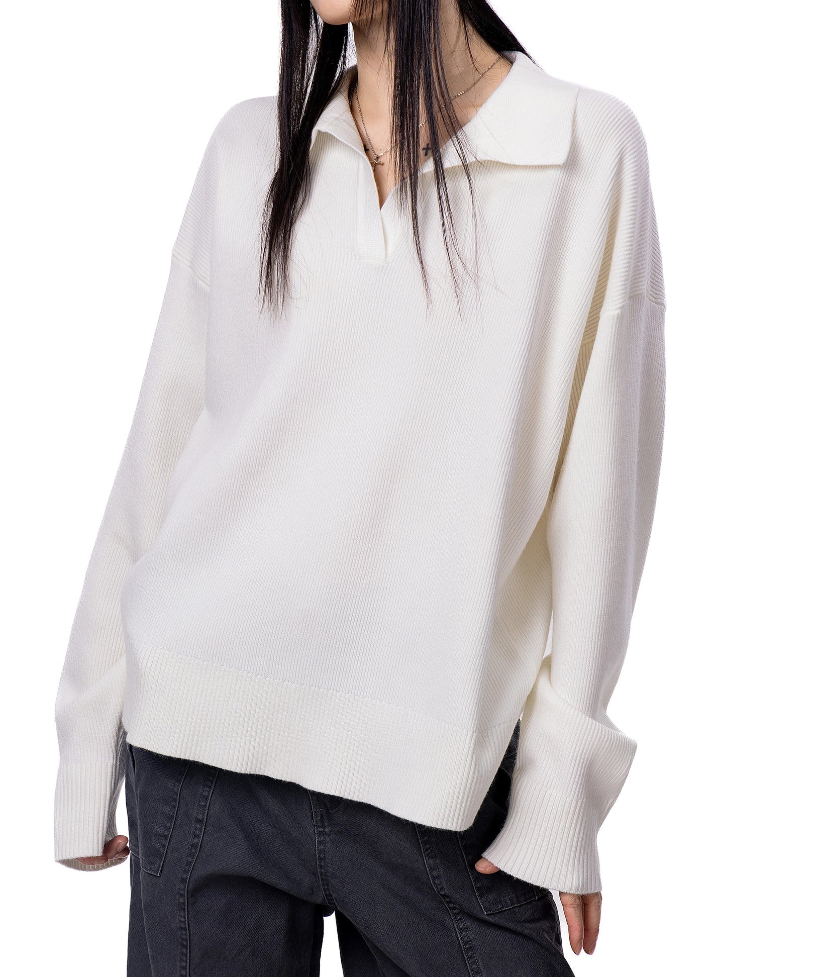 ICH MODE 美式复古POLO毛针织衫女秋冬新款宽松休闲长袖毛衣外套