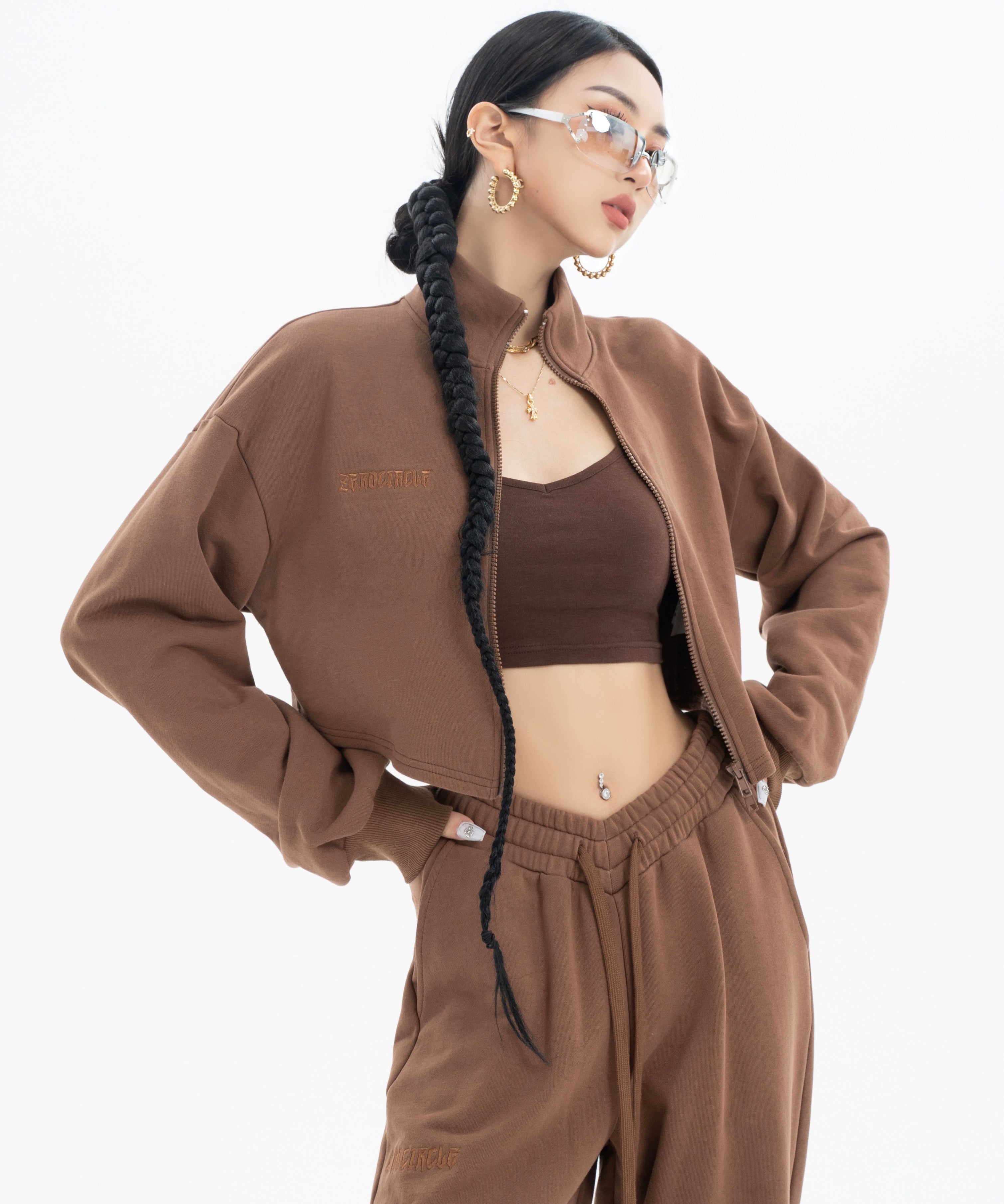 野生zerocircle咖色短款卫衣套装女春季外套显瘦宽松运动休闲裤子