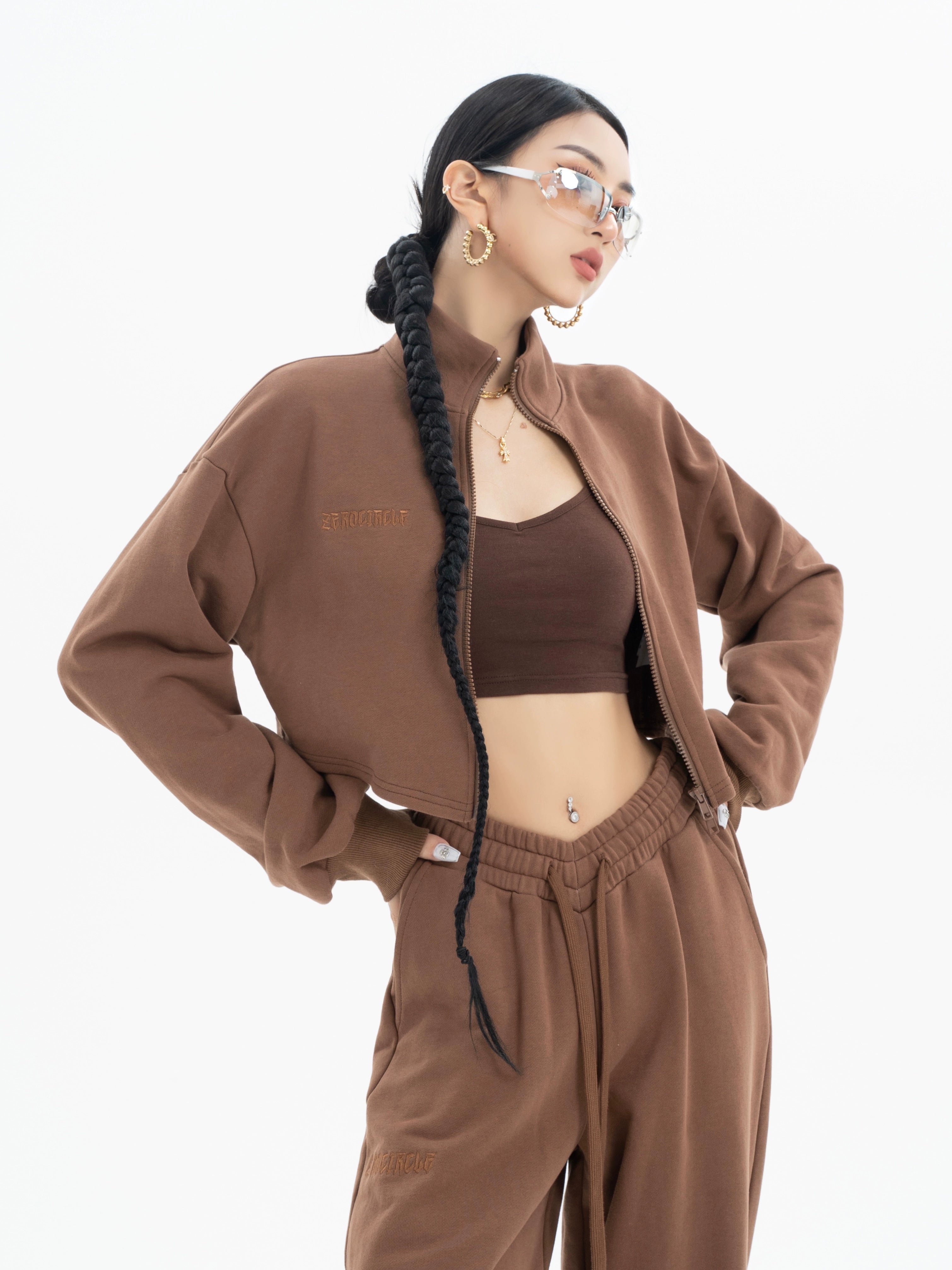 野生zerocircle咖色短款卫衣套装女春季外套显瘦宽松运动休闲裤子
