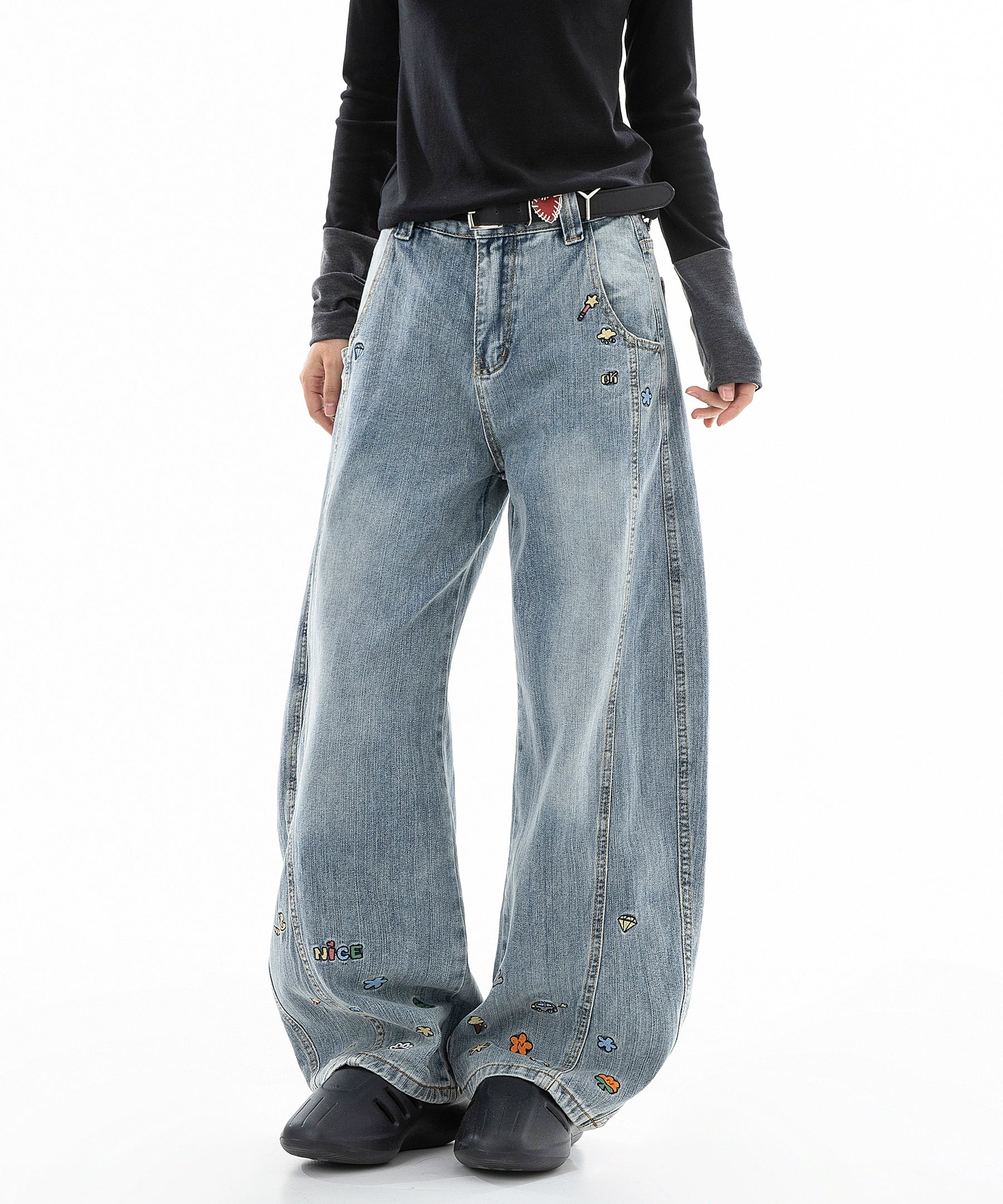 ICH MODE 美式复古小刺绣牛仔裤女宽松直筒裤阔腿弯刀裤休闲裤子