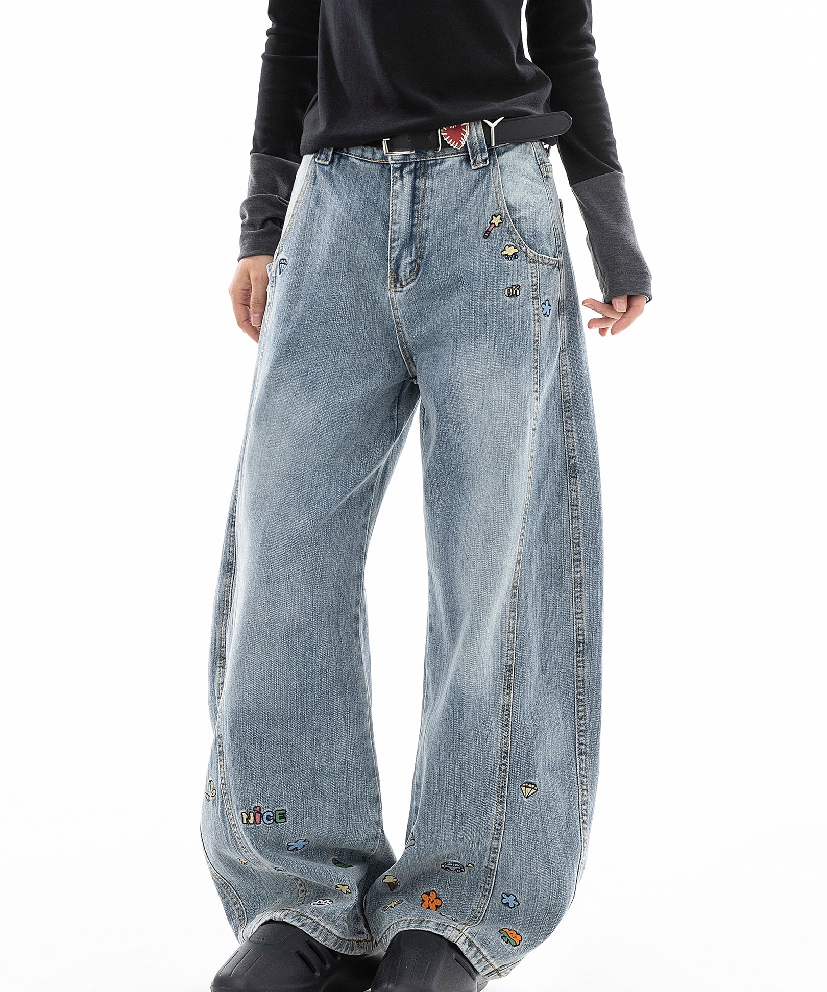 ICH MODE 美式复古小刺绣牛仔裤女宽松直筒裤阔腿弯刀裤休闲裤子