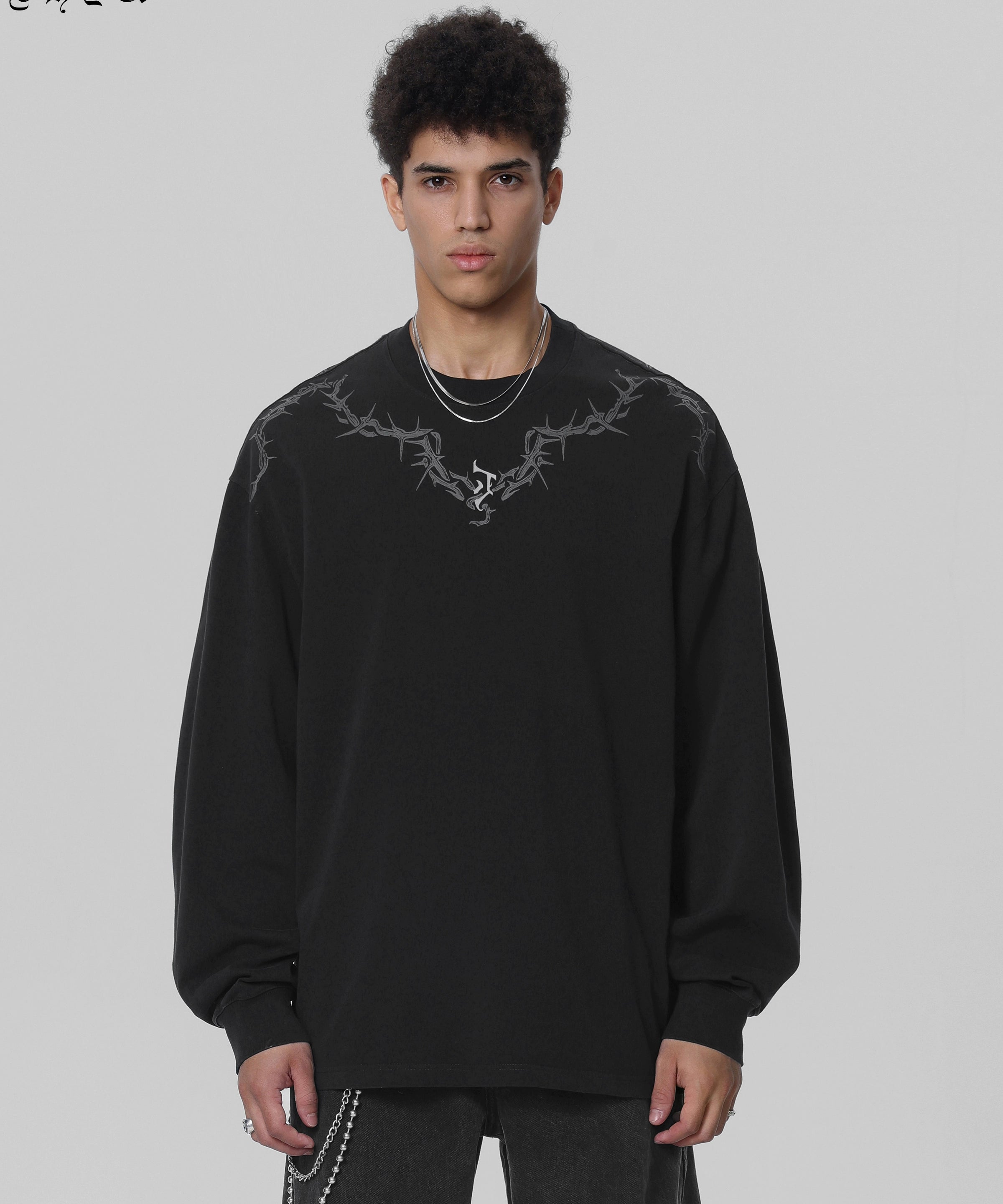 【邓为同款】JHYQ荆棘印花重磅320g水洗美式长袖t恤男宽松卫衣男