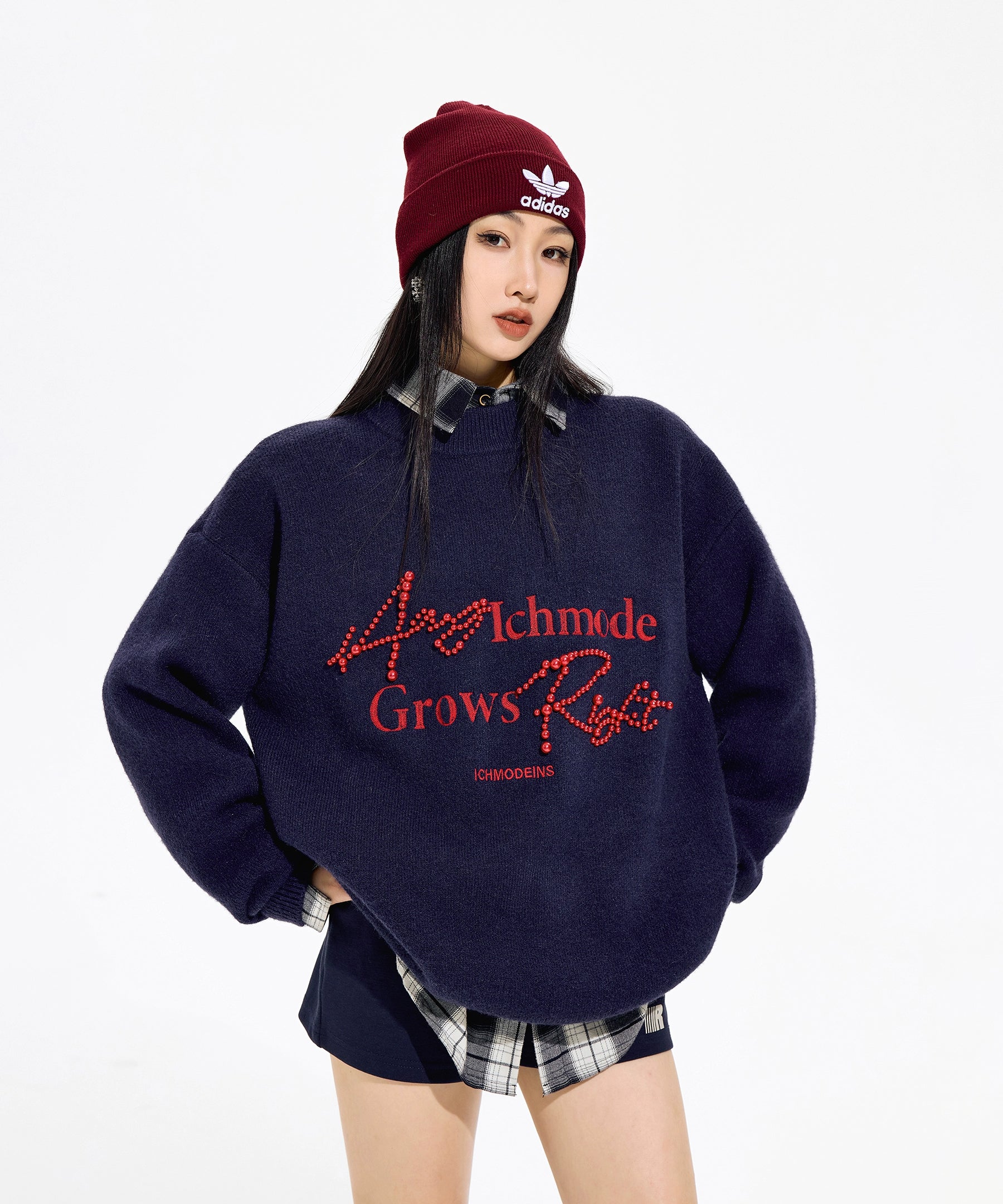 ICH MODE 美式复古珍珠圆领毛衣女秋冬季宽松针织衫慵懒套头上衣