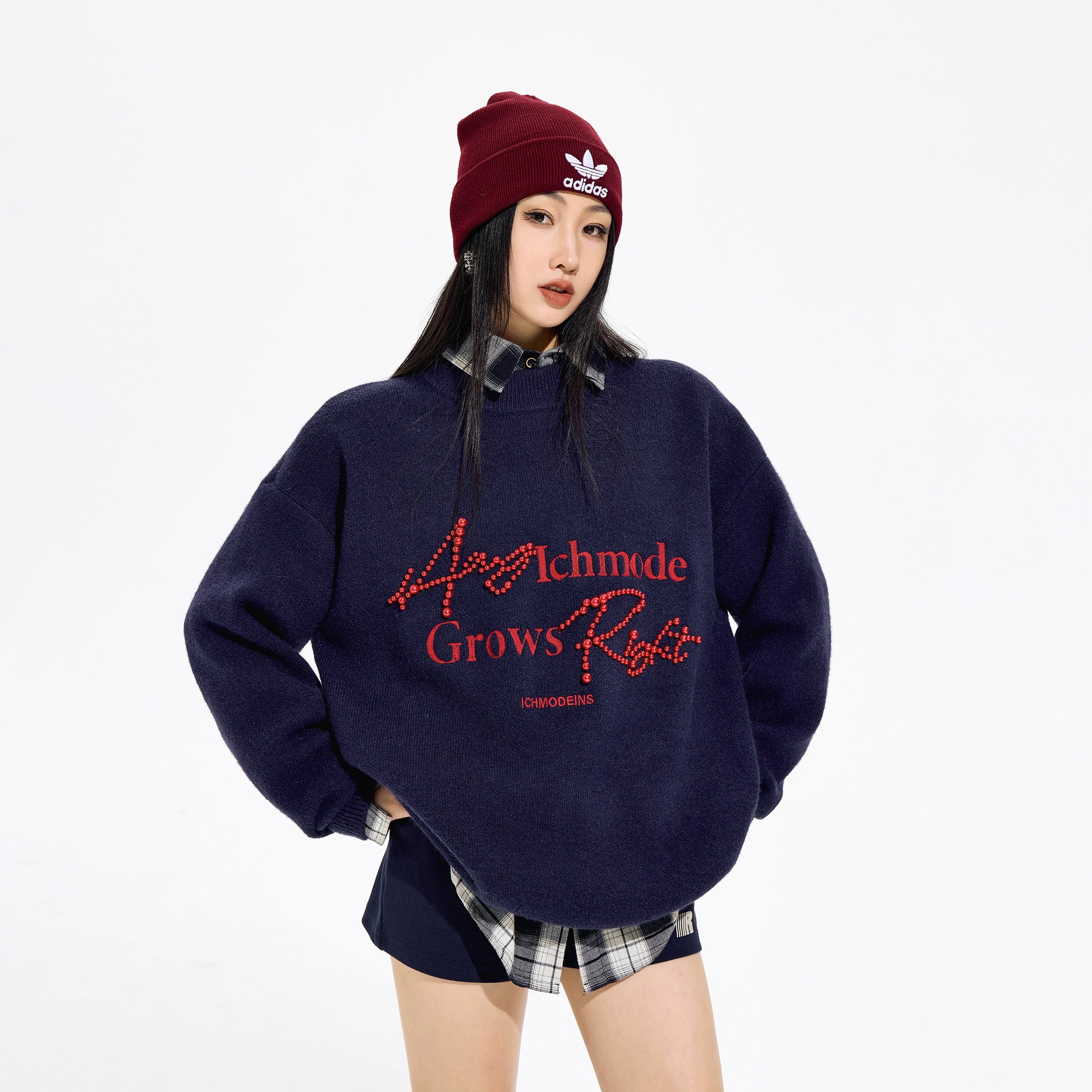 ICH MODE 美式复古珍珠圆领毛衣女秋冬季宽松针织衫慵懒套头上衣