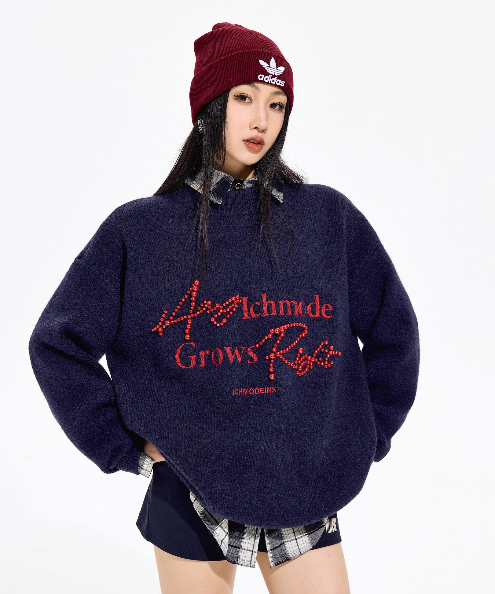 ICH MODE 美式复古珍珠圆领毛衣女秋冬季宽松针织衫慵懒套头上衣