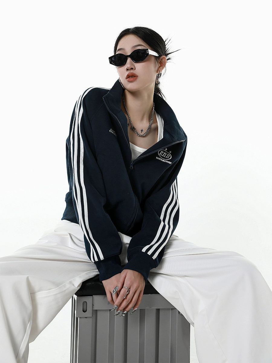 ICH MODE 美式修身短款黑色外套女2025新款秋冬运动连帽卫衣开衫