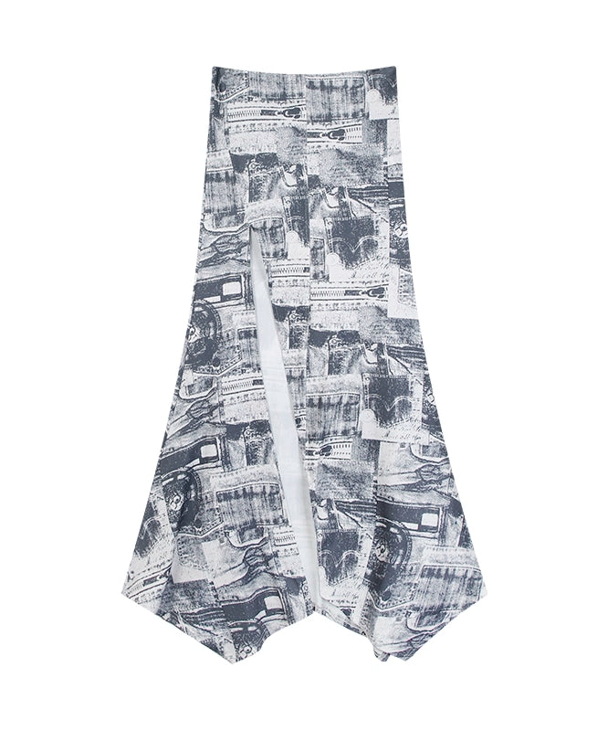 野生zero 印花开叉长裙女夏季低腰a字显瘦设计感小众辣妹鱼尾裙子