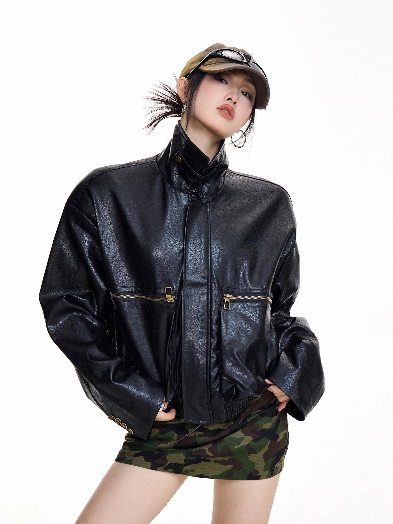 ICH MODE 美式复古短款棕色皮衣女秋冬新款休闲工装夹克上衣外套