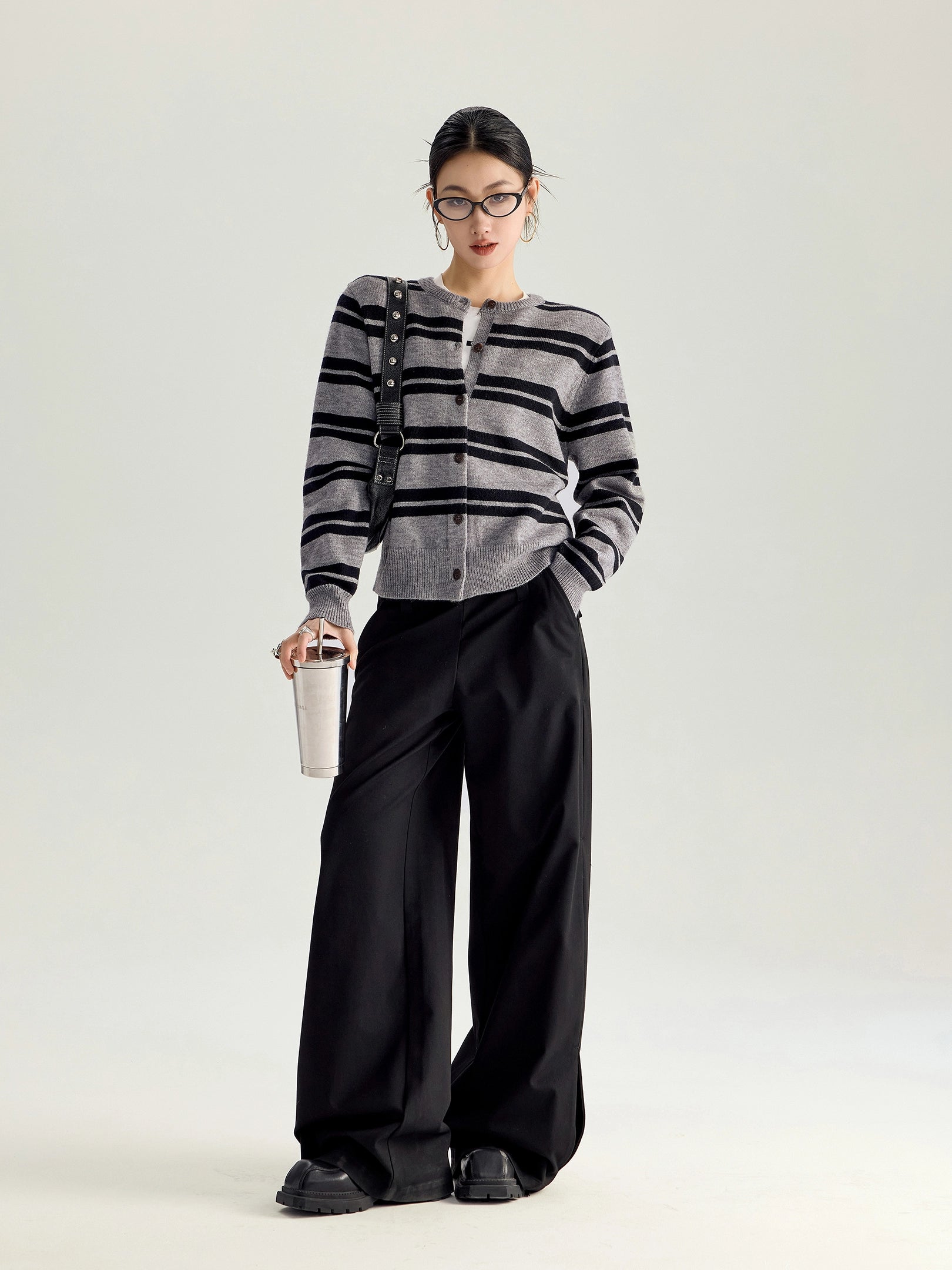 ICH MODE 美式复古慵懒条纹针织开衫女秋冬短款长袖修身毛衣外套