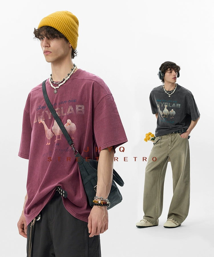 【2025好运鸭】JHYQ美式水洗做旧圆领短袖t恤男宽松重磅印花纯棉T