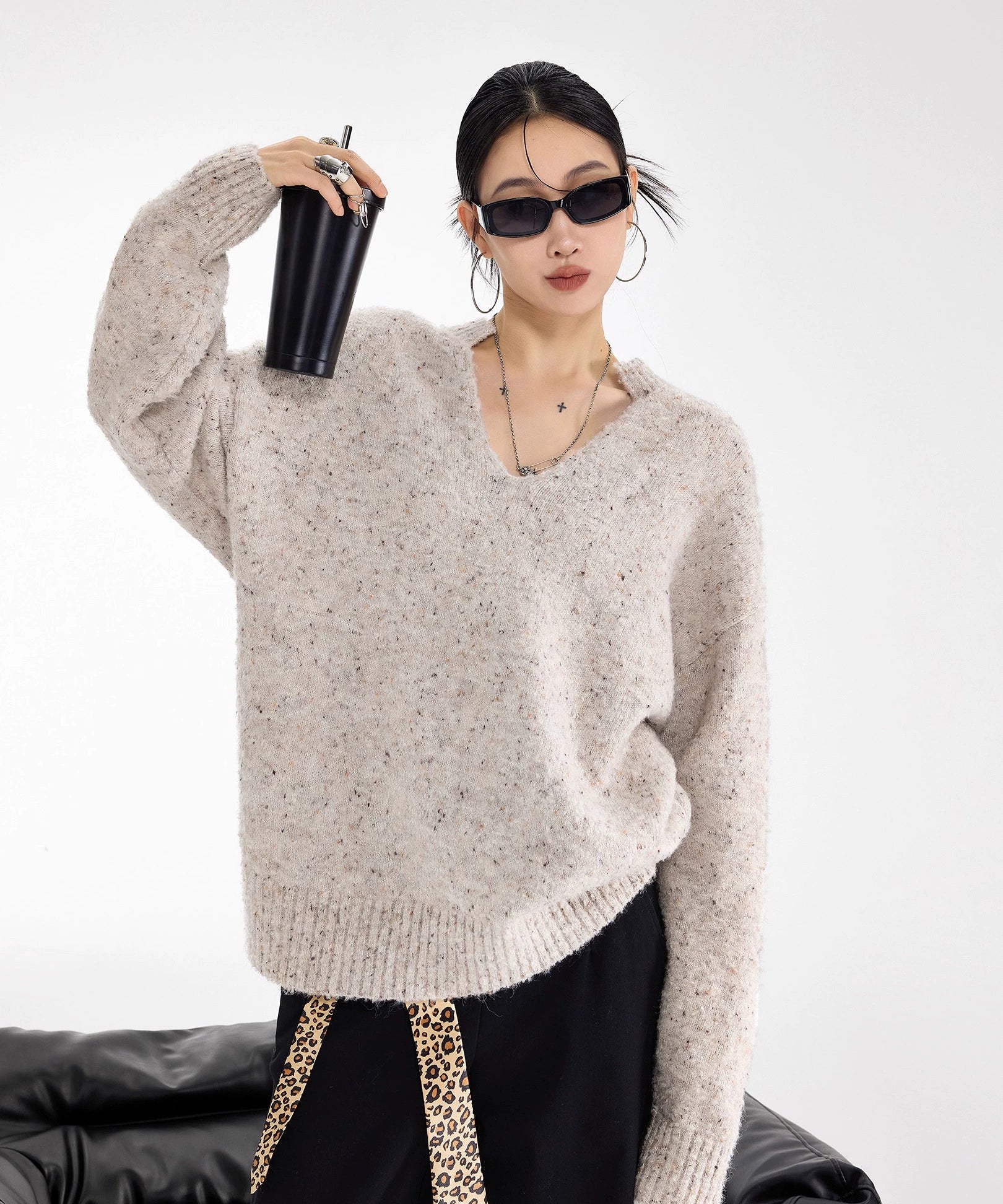 ICH MODE 美式复古V领套头毛衣女秋冬季慵懒宽松针织衫外套高级感