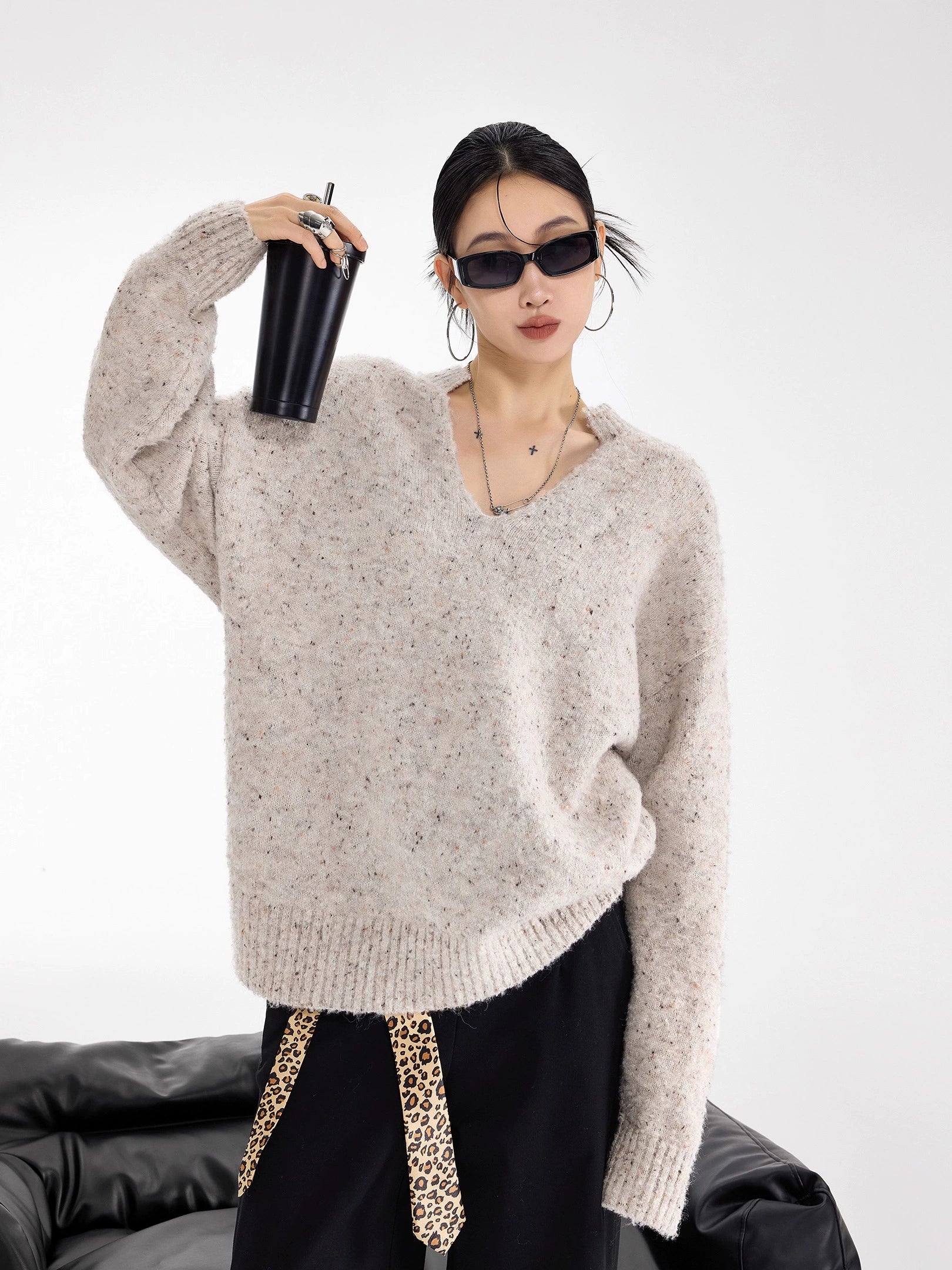 ICH MODE 美式复古V领套头毛衣女秋冬季慵懒宽松针织衫外套高级感