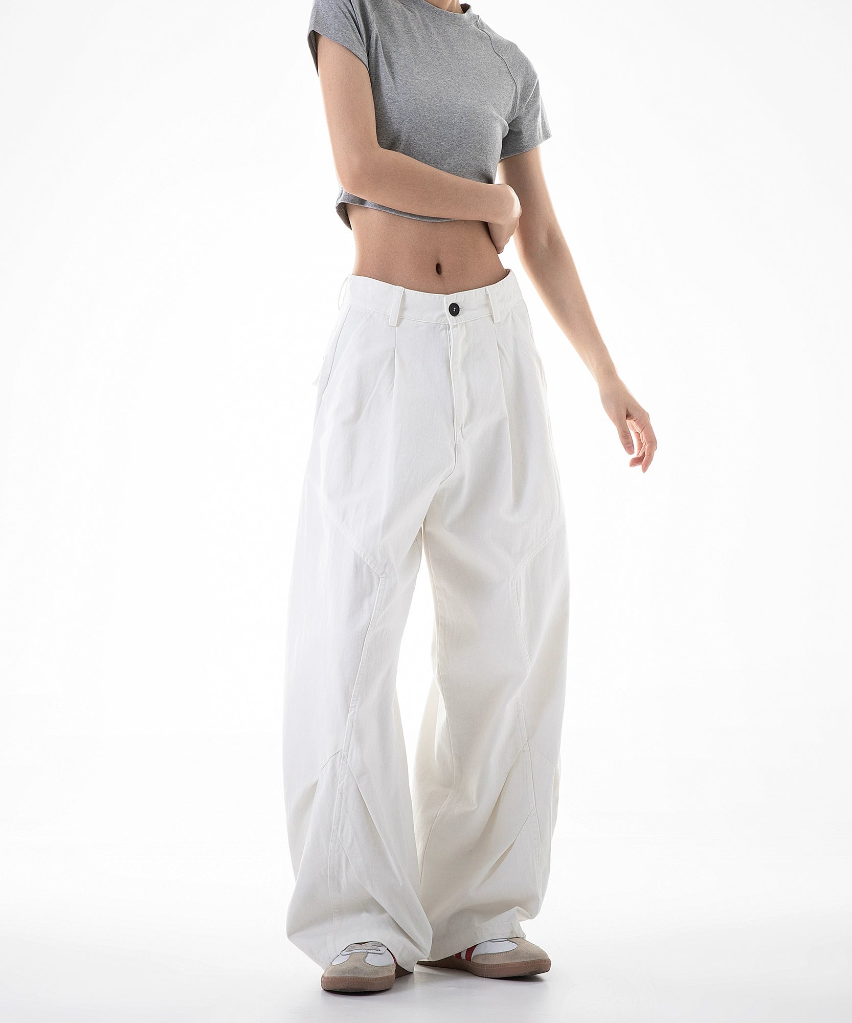 ICH MODE 美式复古白色弯刀裤女夏季宽松bf直筒阔腿裤休闲工装裤