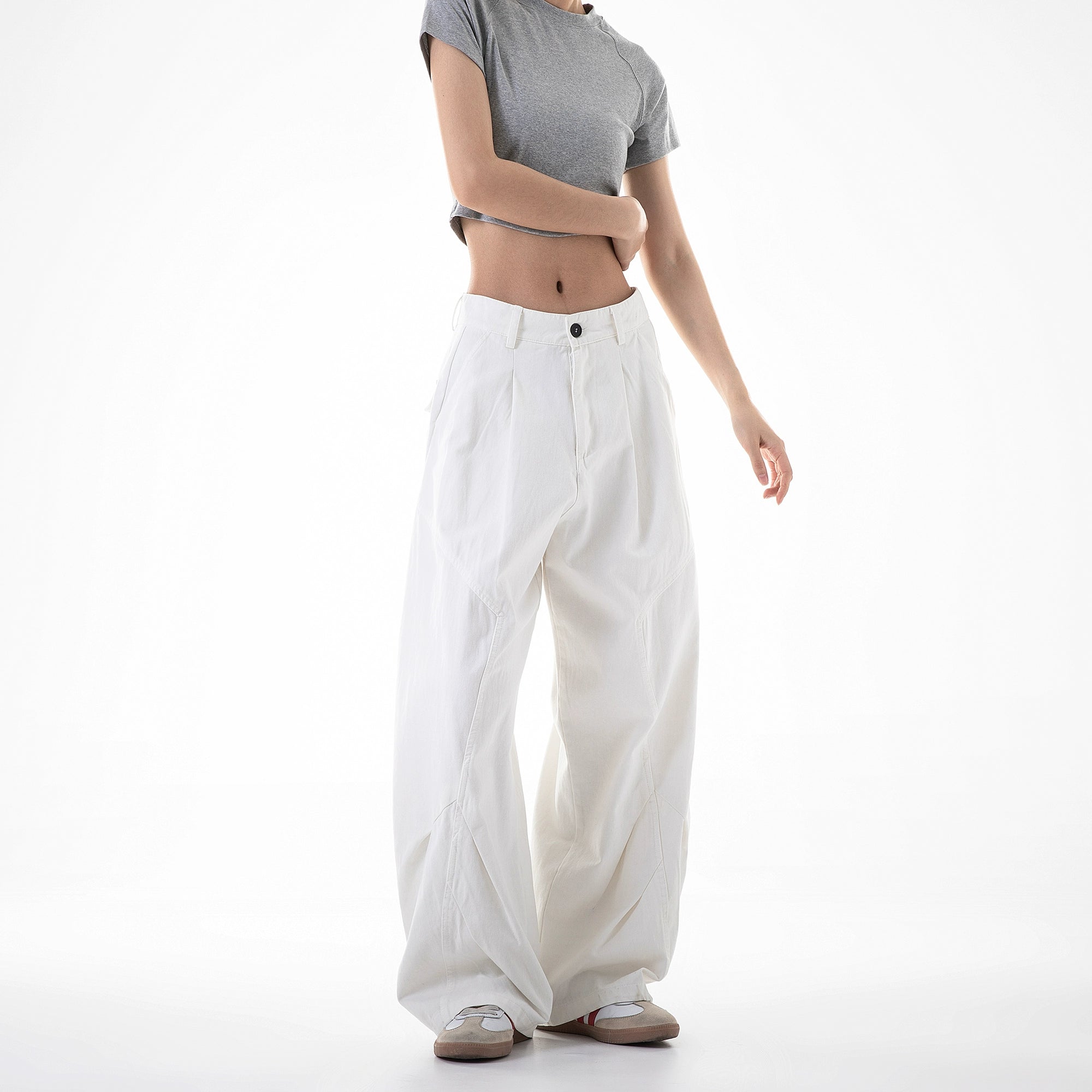 ICH MODE 美式复古白色弯刀裤女夏季宽松bf直筒阔腿裤休闲工装裤