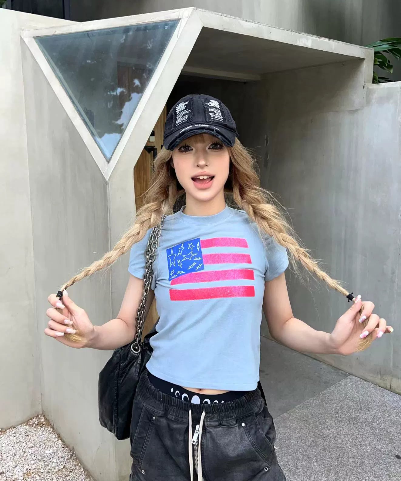 闪粉印花性感紧身高弹辣妹短款美式T恤羊绒圆领短袖女