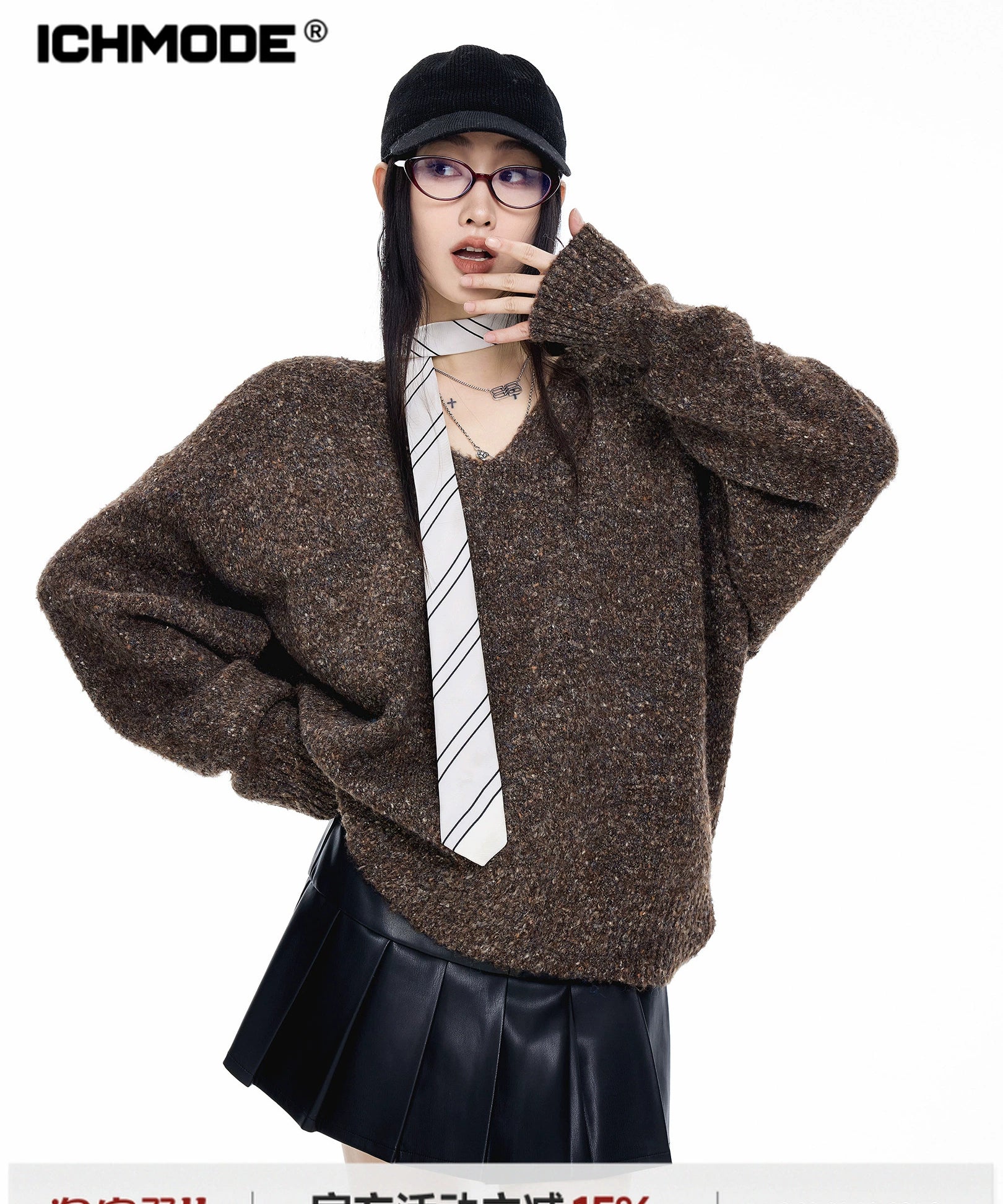 ICH MODE 美式复古V领套头毛衣女秋冬季慵懒宽松针织衫外套高级感