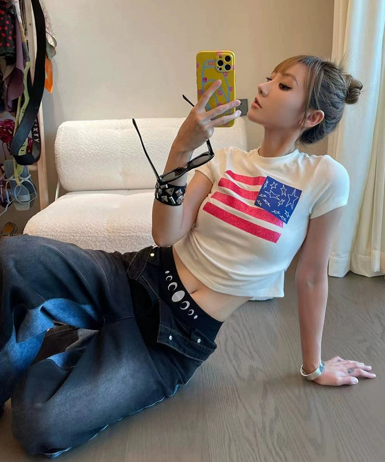 闪粉印花性感紧身高弹辣妹短款美式T恤羊绒圆领短袖女