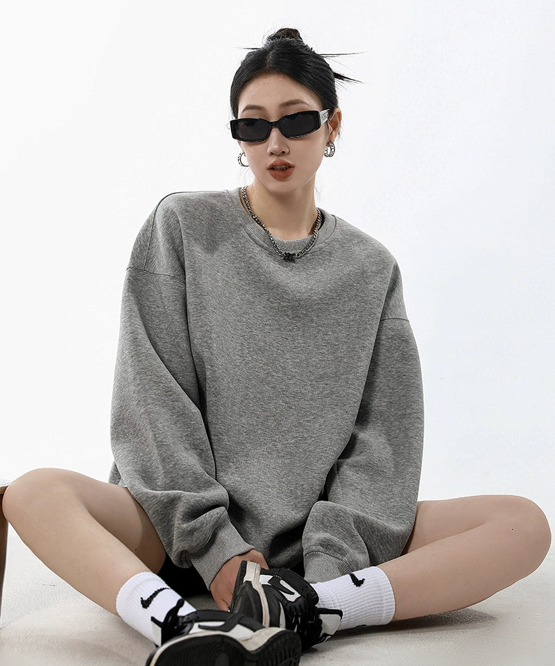 ICH MODE 美式圆领灰色卫衣女秋冬新款宽松慵懒纯色套头外套上衣