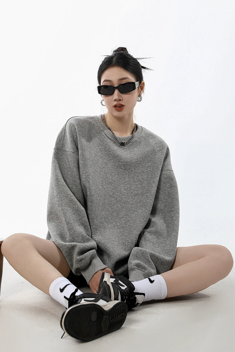 ICH MODE 美式圆领灰色卫衣女秋冬新款宽松慵懒纯色套头外套上衣