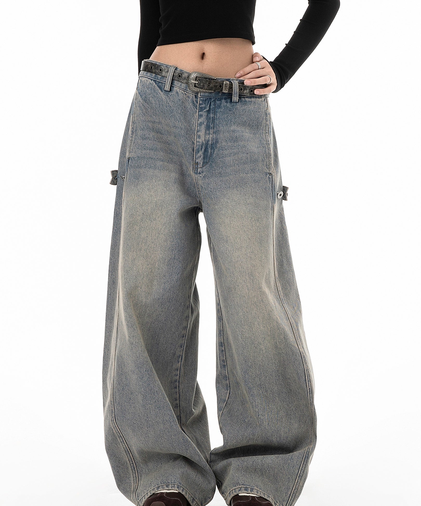 ICH MODE 美式复古水洗牛仔裤女秋冬新款宽松阔腿裤休闲裤直筒裤