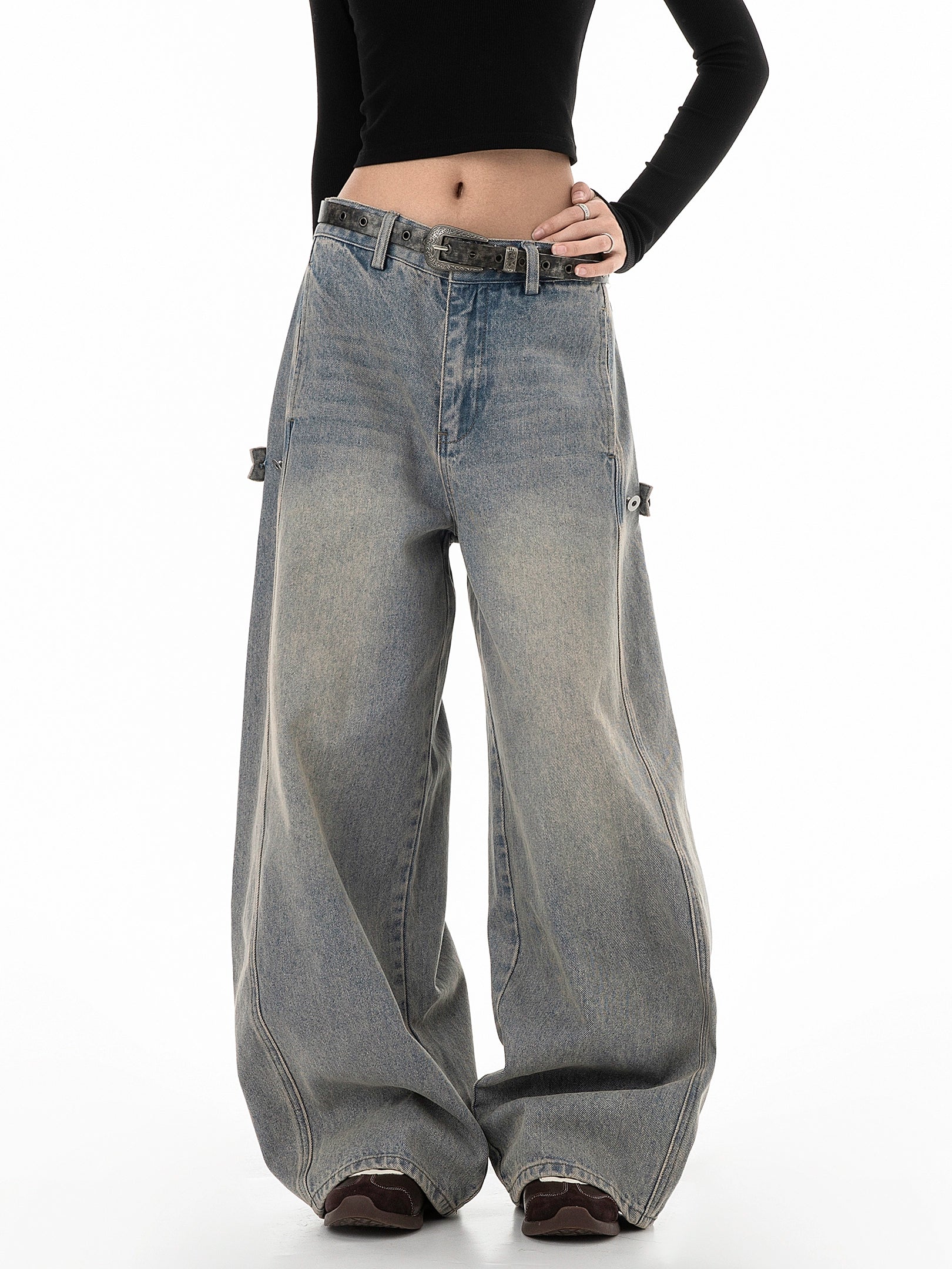 ICH MODE 美式复古水洗牛仔裤女秋冬新款宽松阔腿裤休闲裤直筒裤