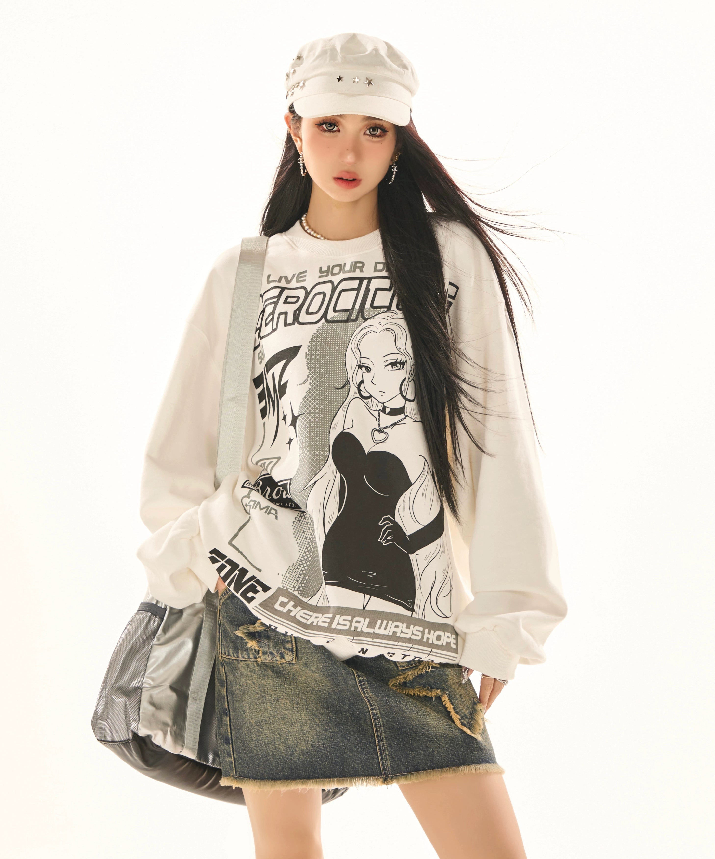 野生zerocircle白色慵懒风印花圆领卫衣女春小众韩版宽松显瘦上衣