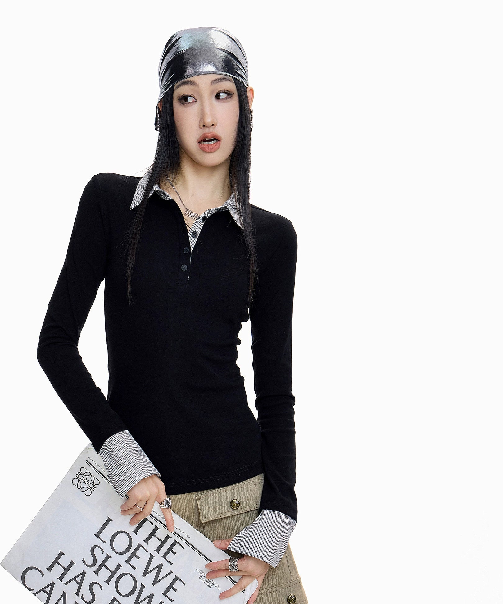 ICH MODE 美式复古格子拼接长袖POLOT恤女秋冬修身正肩上衣打底衫