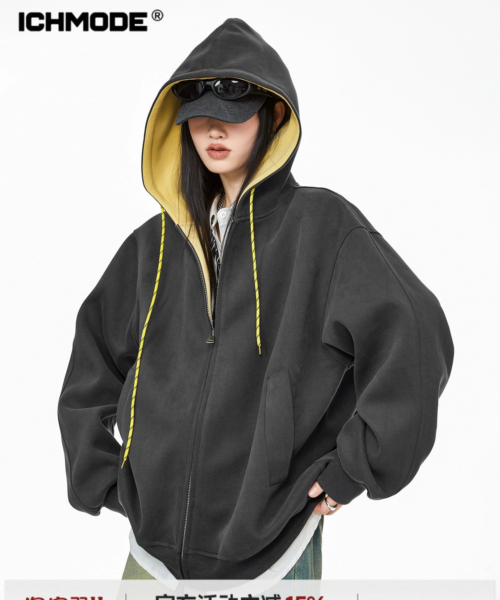 ICH MODE 美式复古加绒连帽外套女秋冬2025新款宽松卫衣开衫上衣