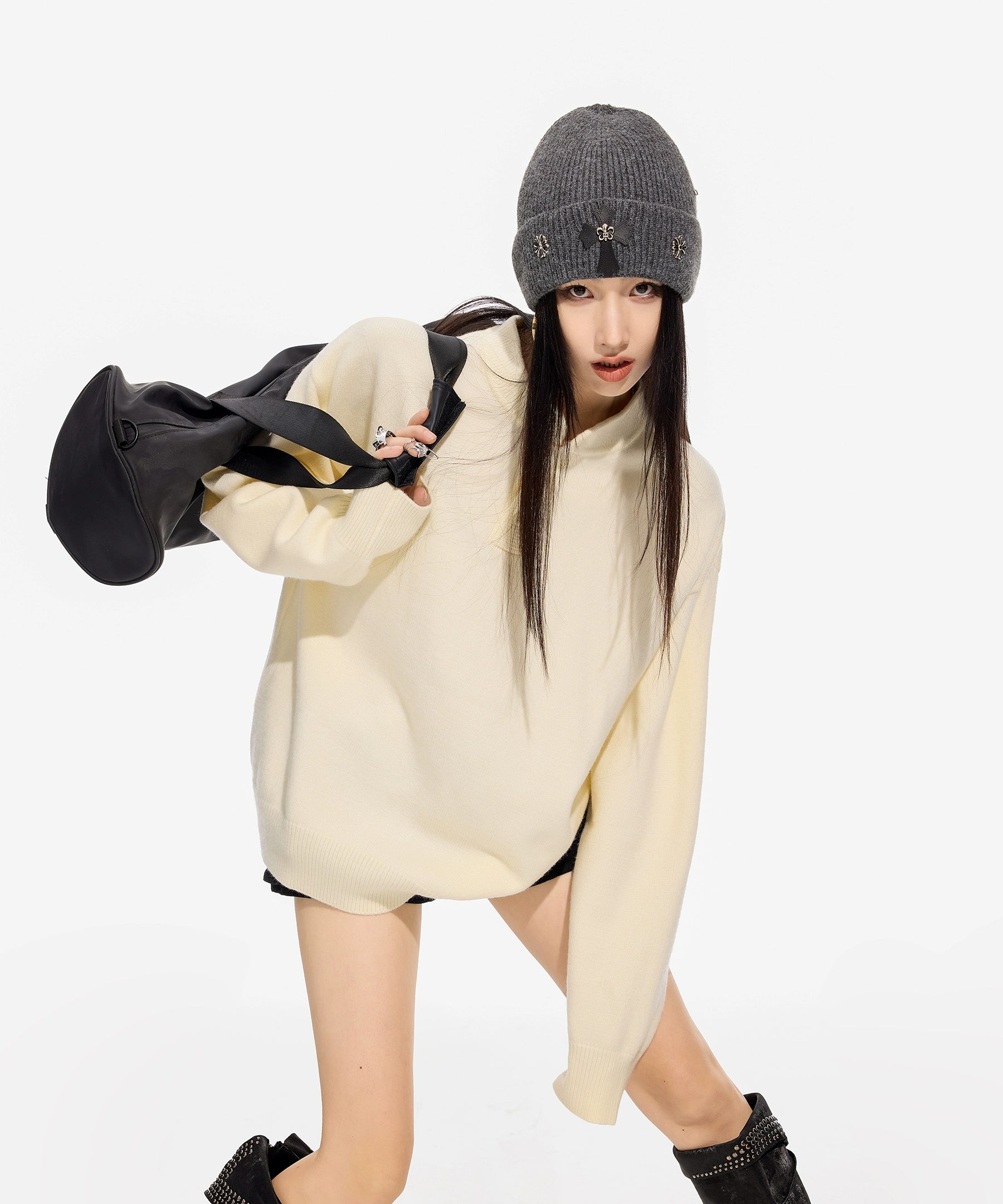 ICH MODE 美式复古亨利领毛衣女秋冬季宽松针织衫慵懒套头毛线衣