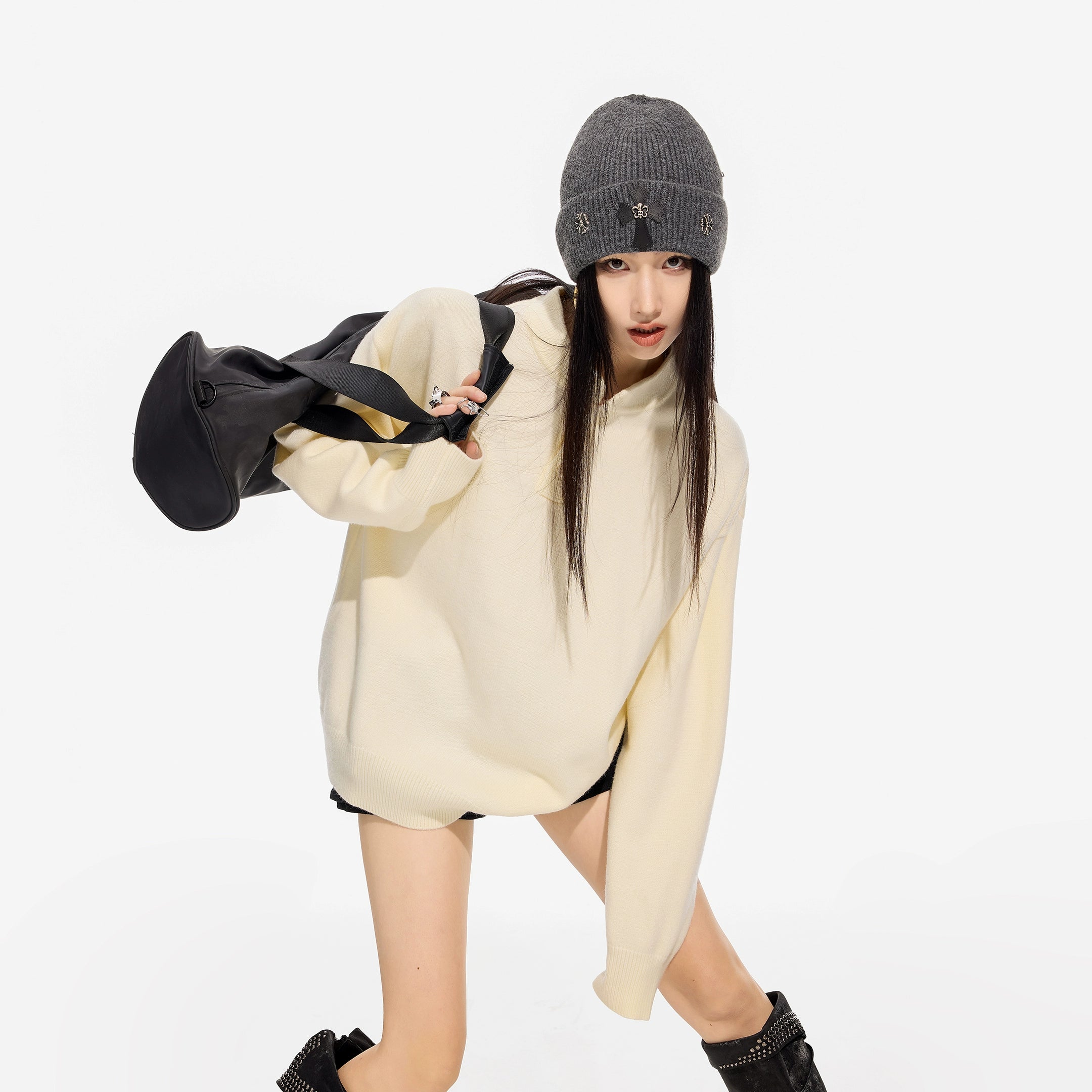 ICH MODE 美式复古亨利领毛衣女秋冬季宽松针织衫慵懒套头毛线衣