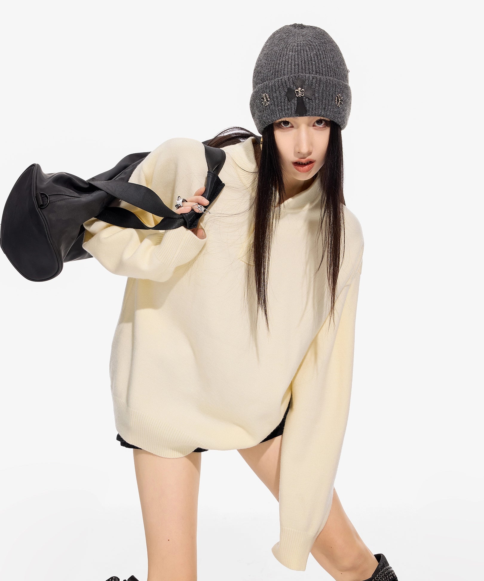 ICH MODE 美式复古亨利领毛衣女秋冬季宽松针织衫慵懒套头毛线衣