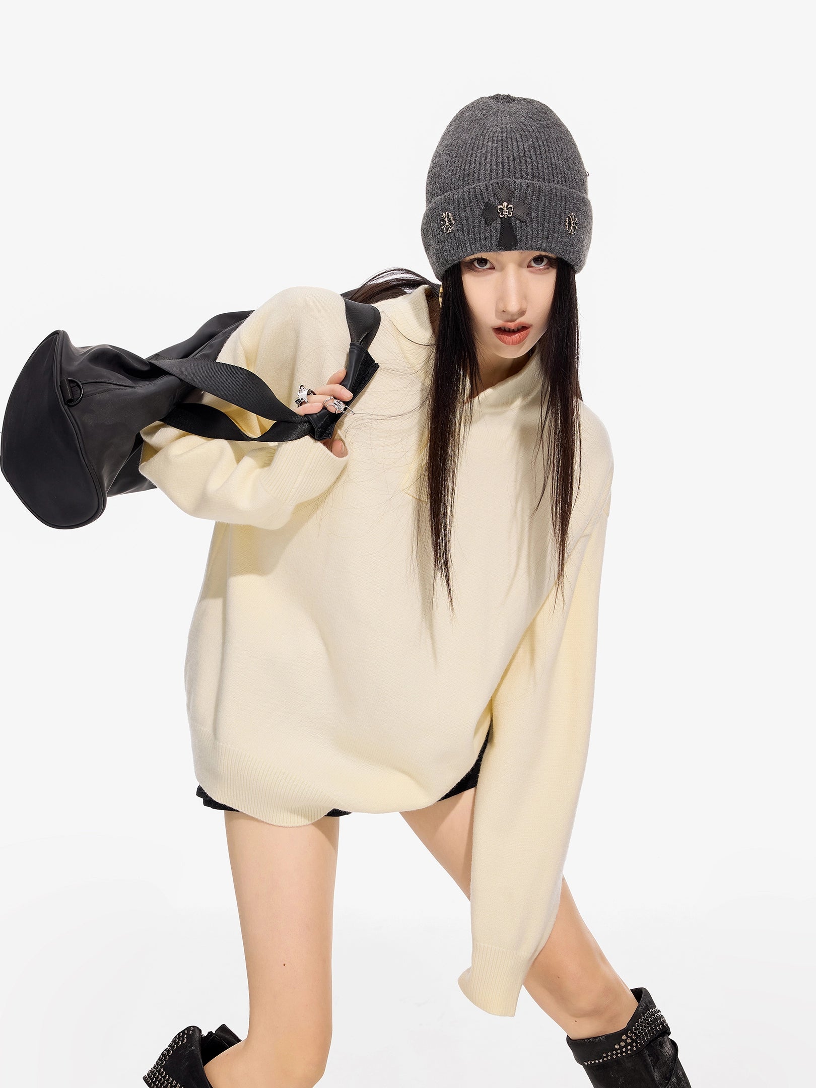 ICH MODE 美式复古亨利领毛衣女秋冬季宽松针织衫慵懒套头毛线衣