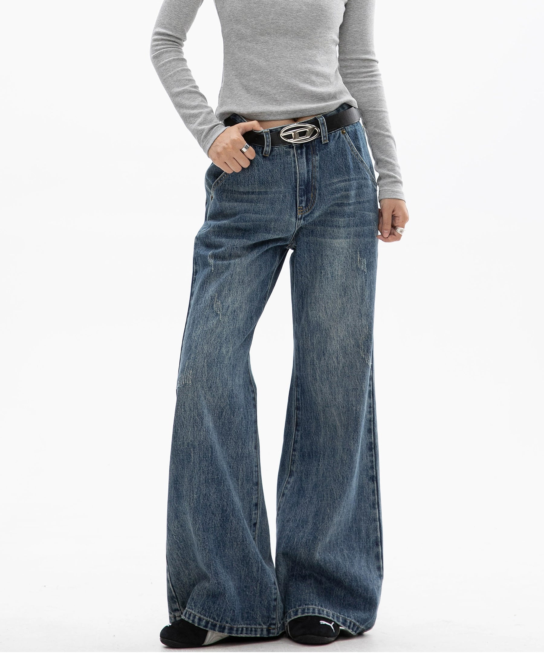 ICH MODE 美式复古水洗牛仔裤女微喇裤宽松直筒裤百搭休闲阔腿裤