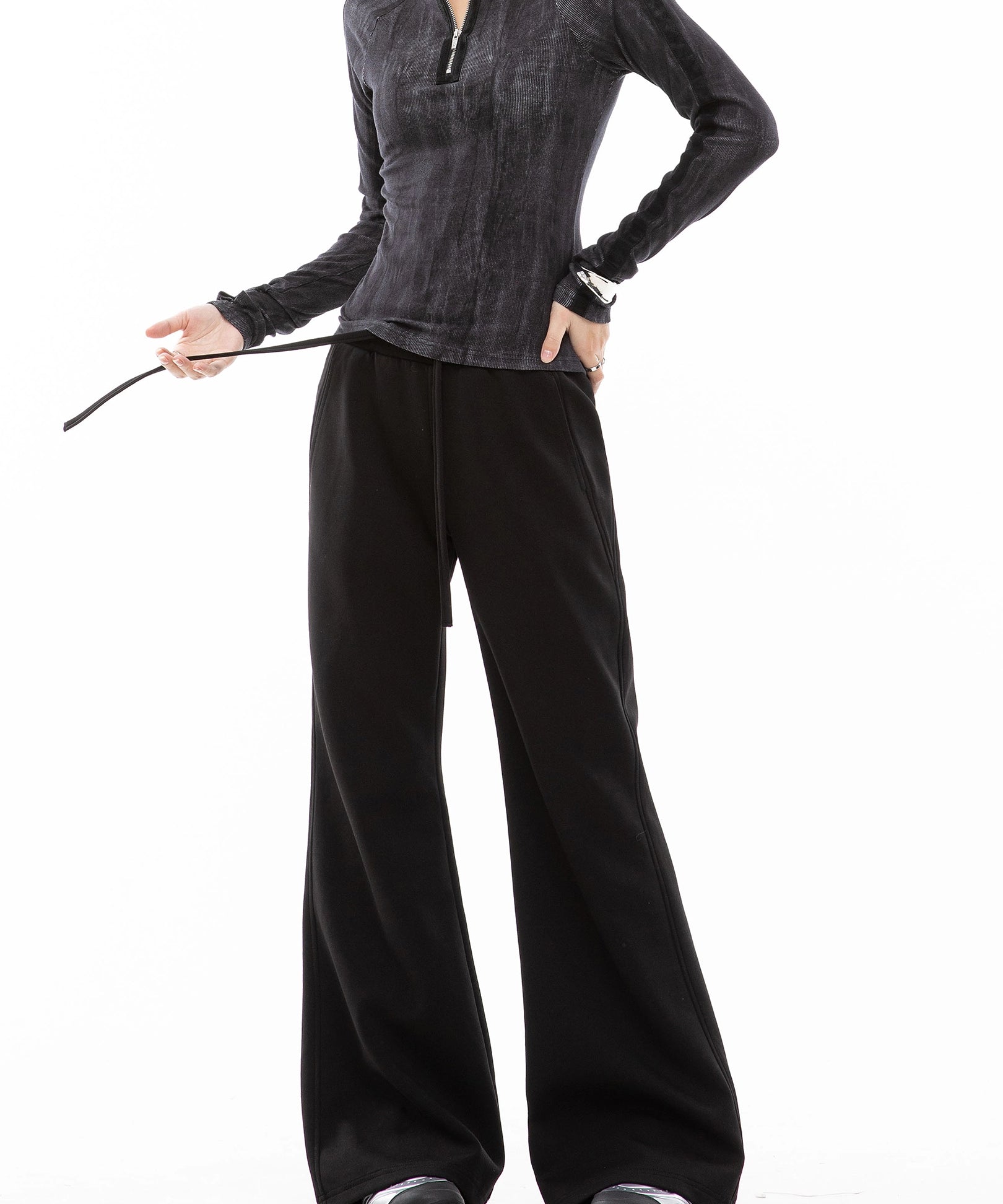 ICH MODE 美式复古微喇休闲裤女抽绳运动裤宽松直筒裤阔腿裤卫裤